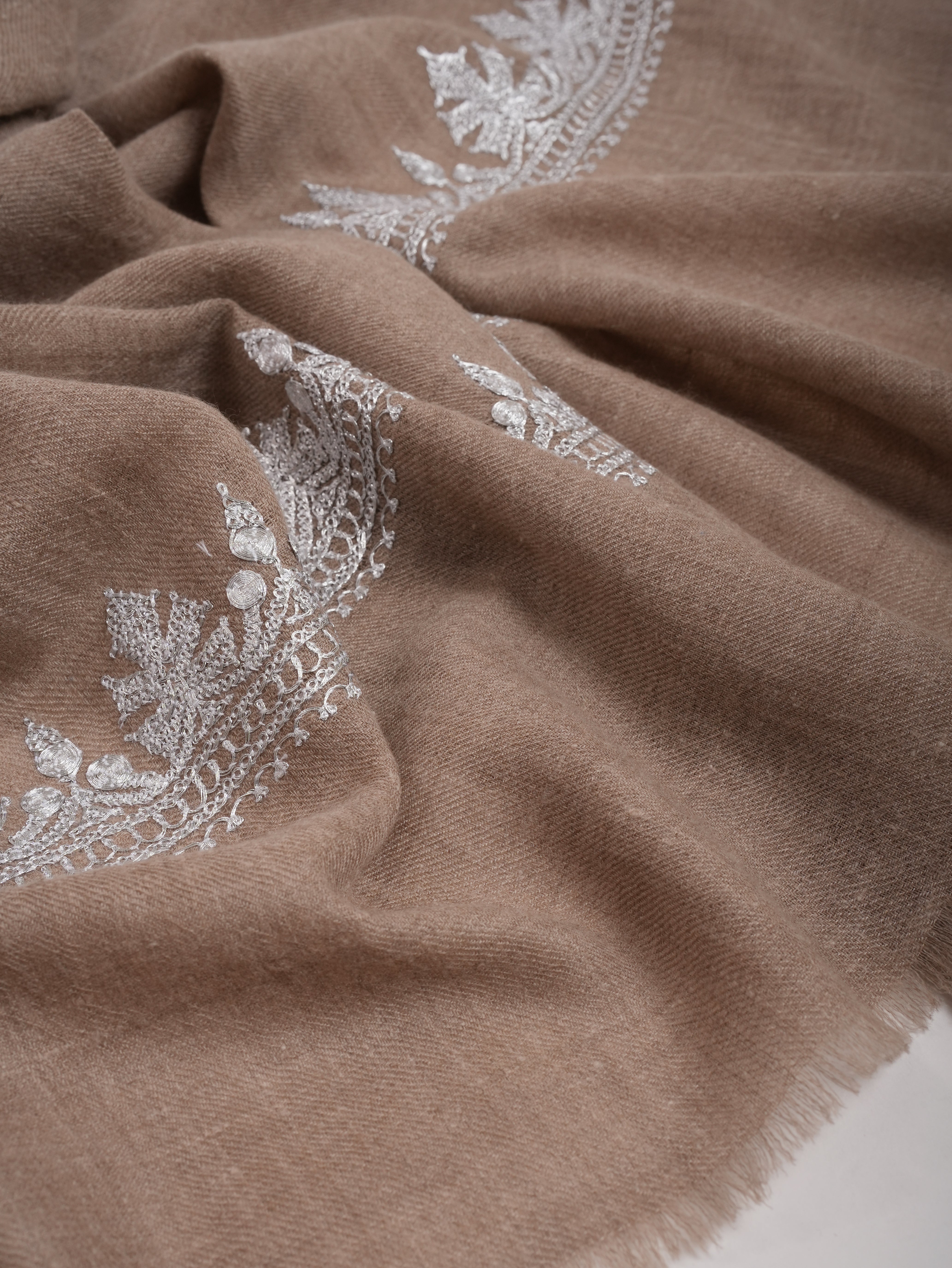 Natural Grey Cashmere Wrap with Timeless Silver Embroidery