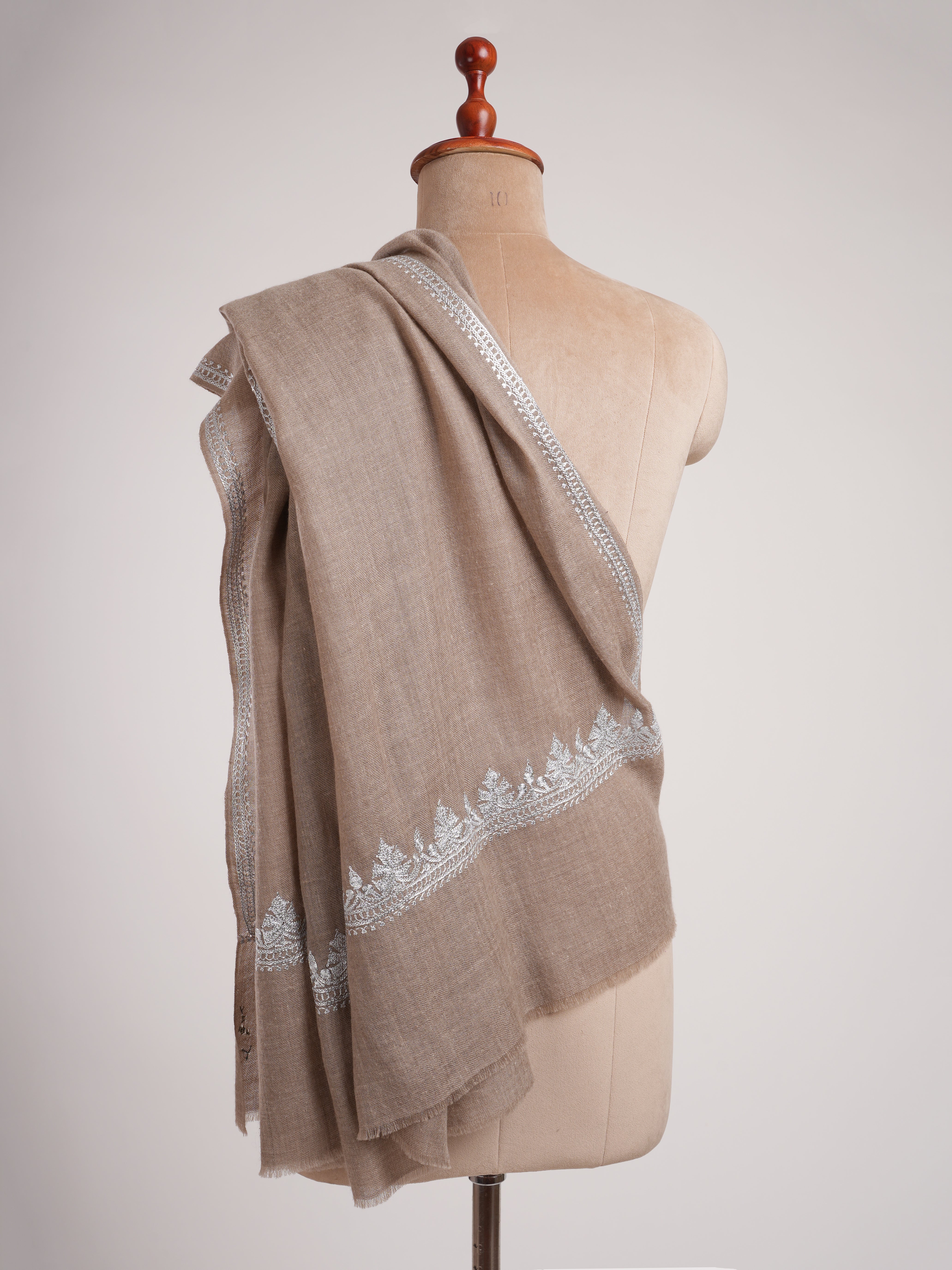 Natural Grey Cashmere Wrap with Timeless Silver Embroidery