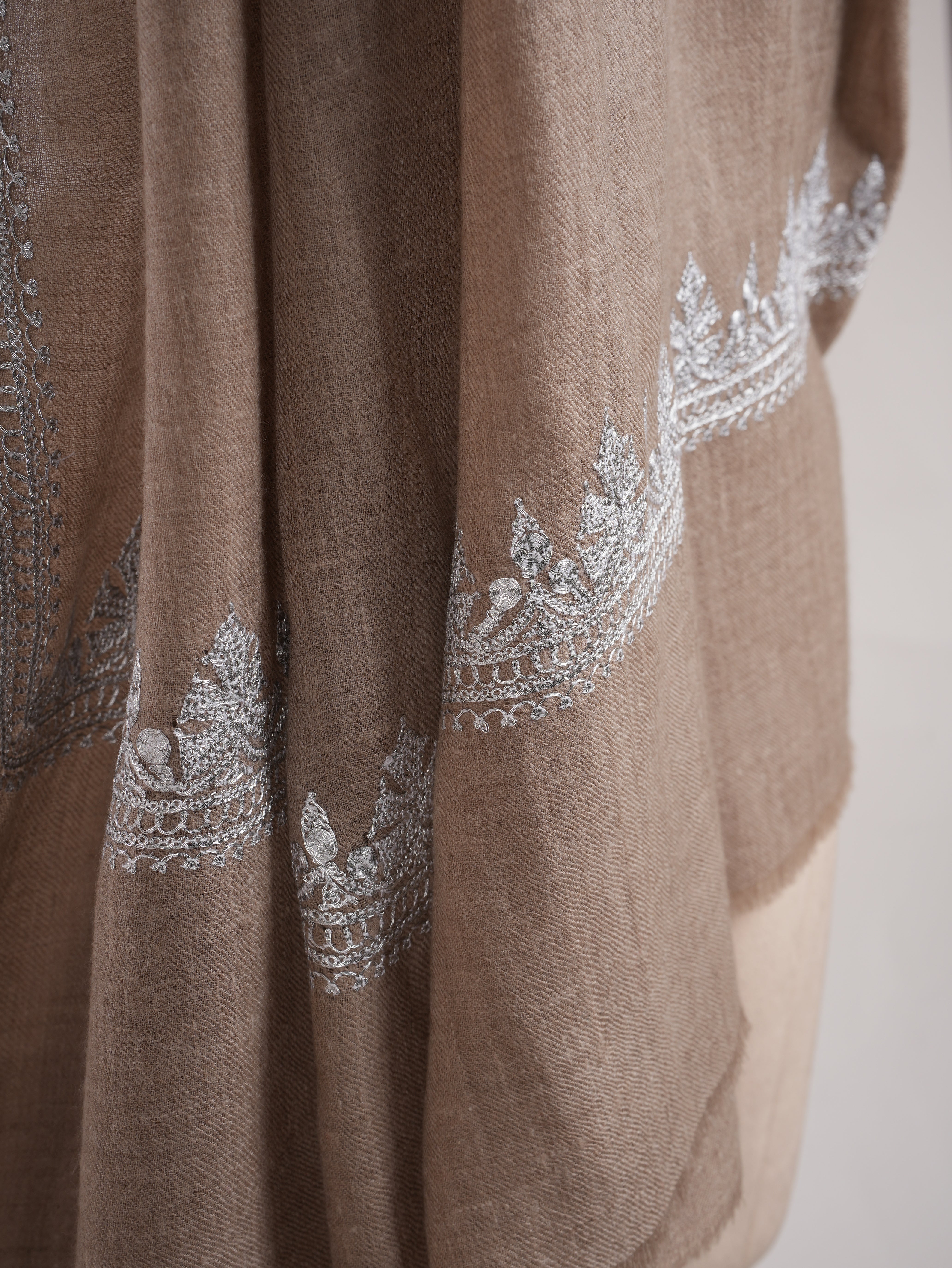 Natural Grey Cashmere Wrap with Timeless Silver Embroidery