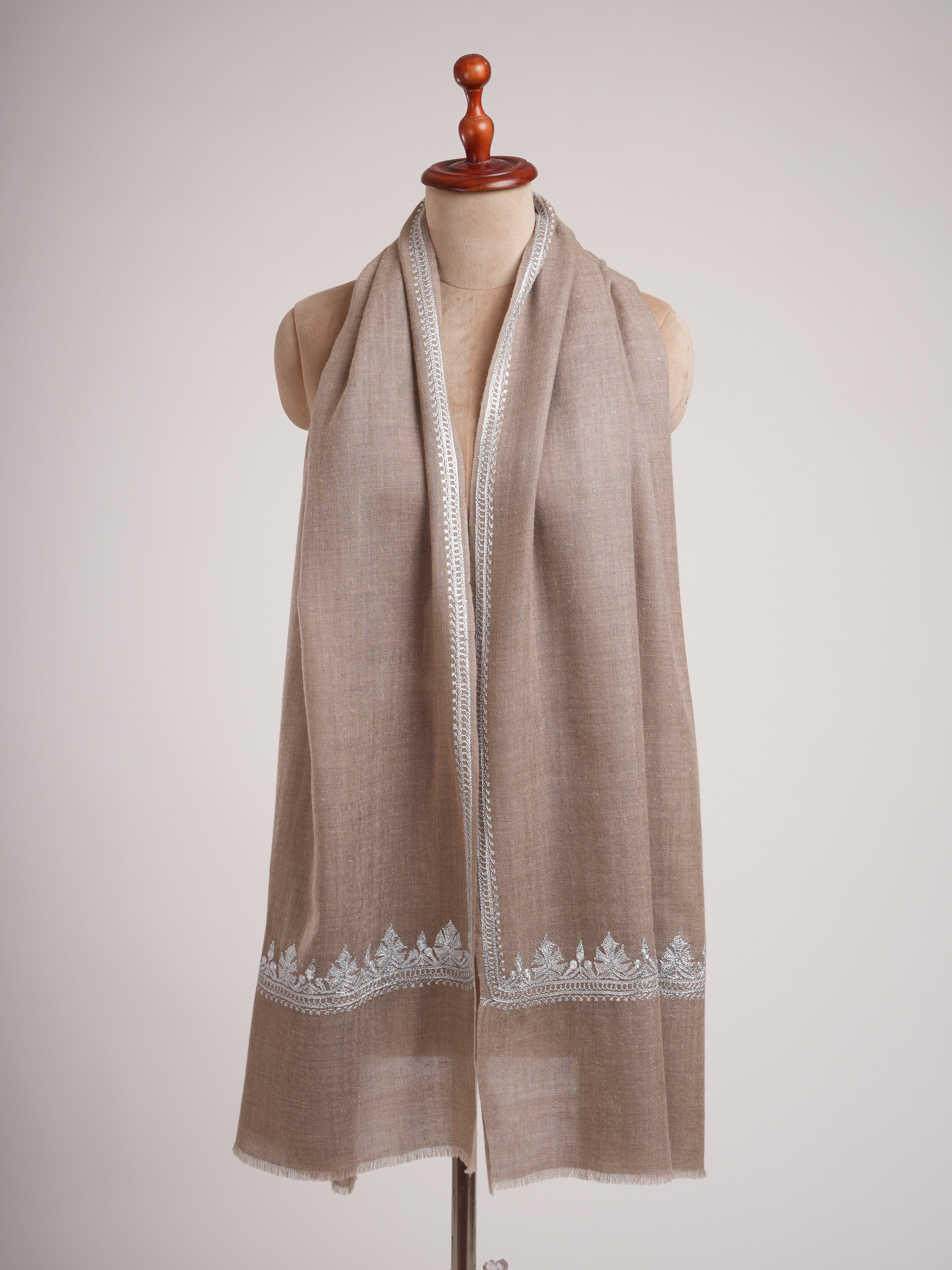 Natural Grey Cashmere Wrap with Timeless Silver Embroidery