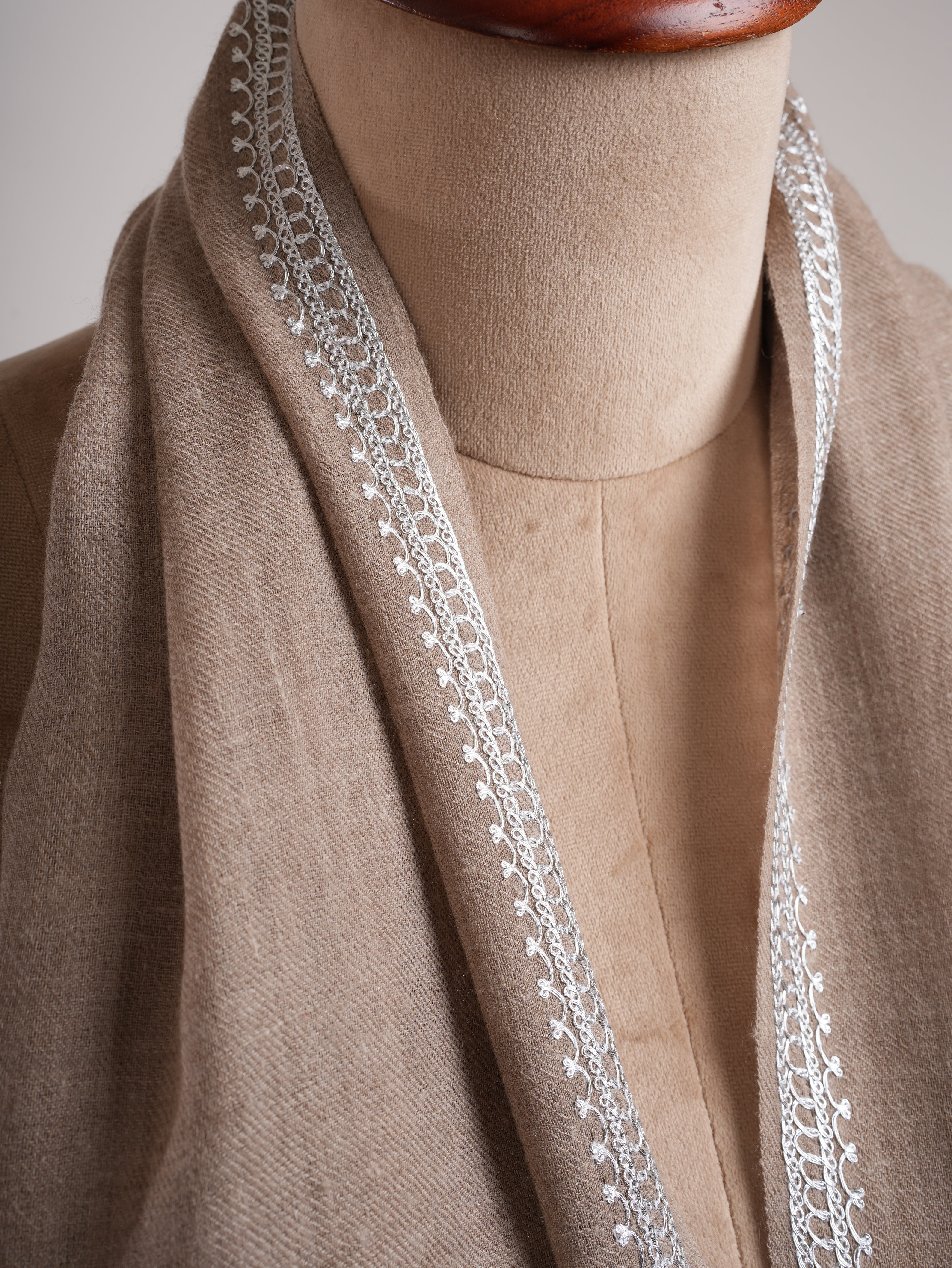 Natural Grey Cashmere Wrap with Timeless Silver Embroidery