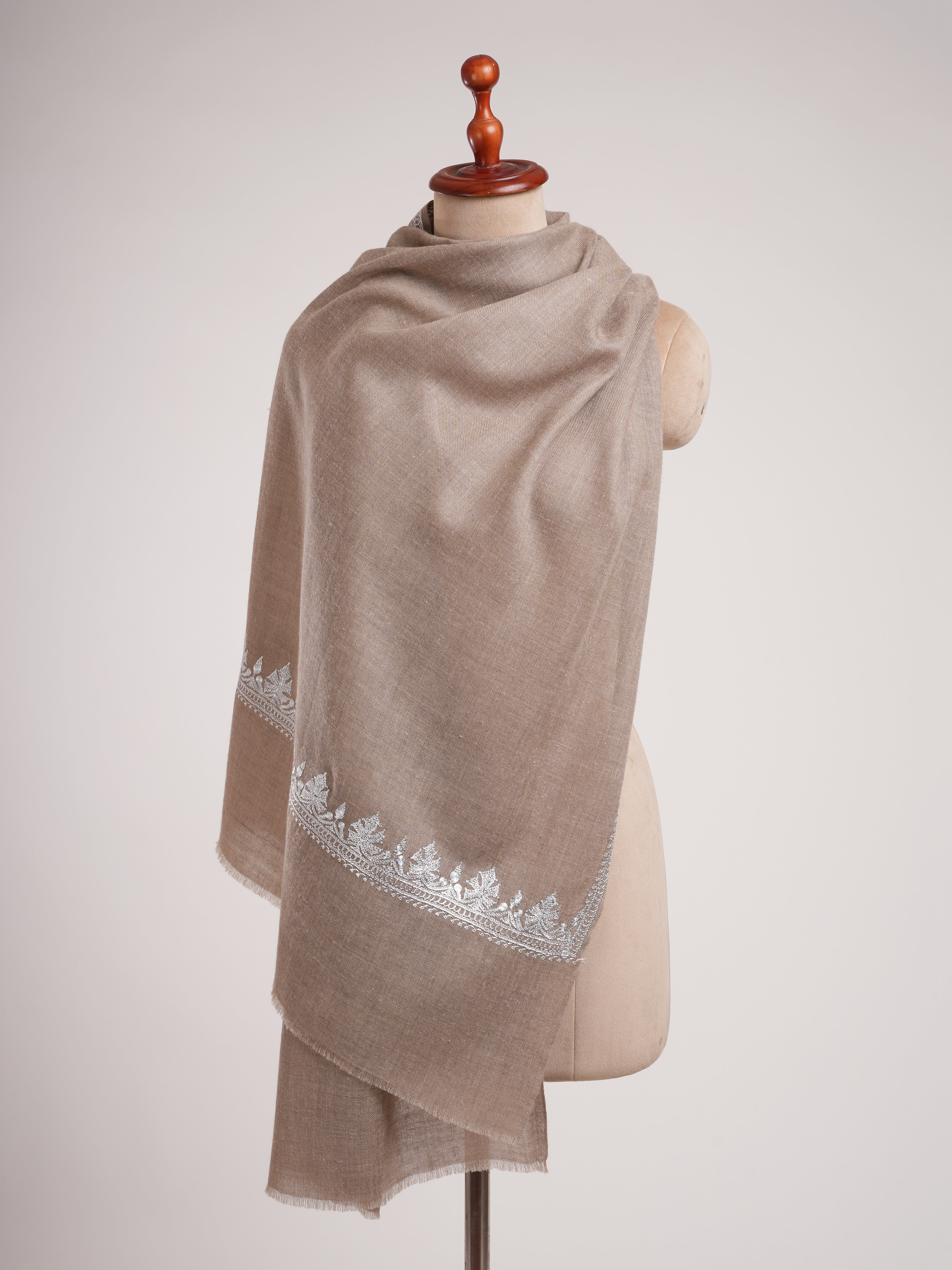Natural Grey Cashmere Wrap with Timeless Silver Embroidery