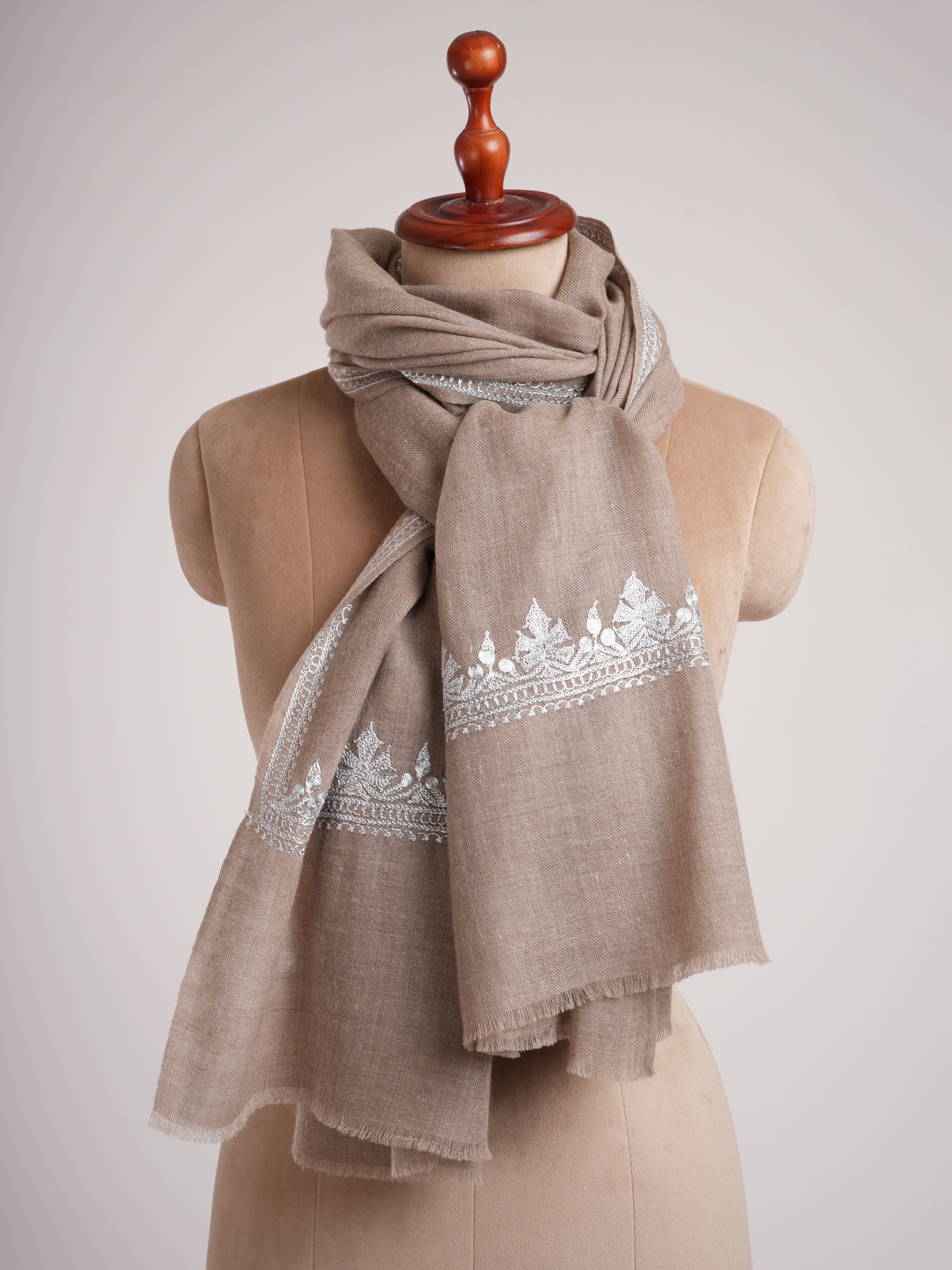Natural Grey Cashmere Wrap with Timeless Silver Embroidery