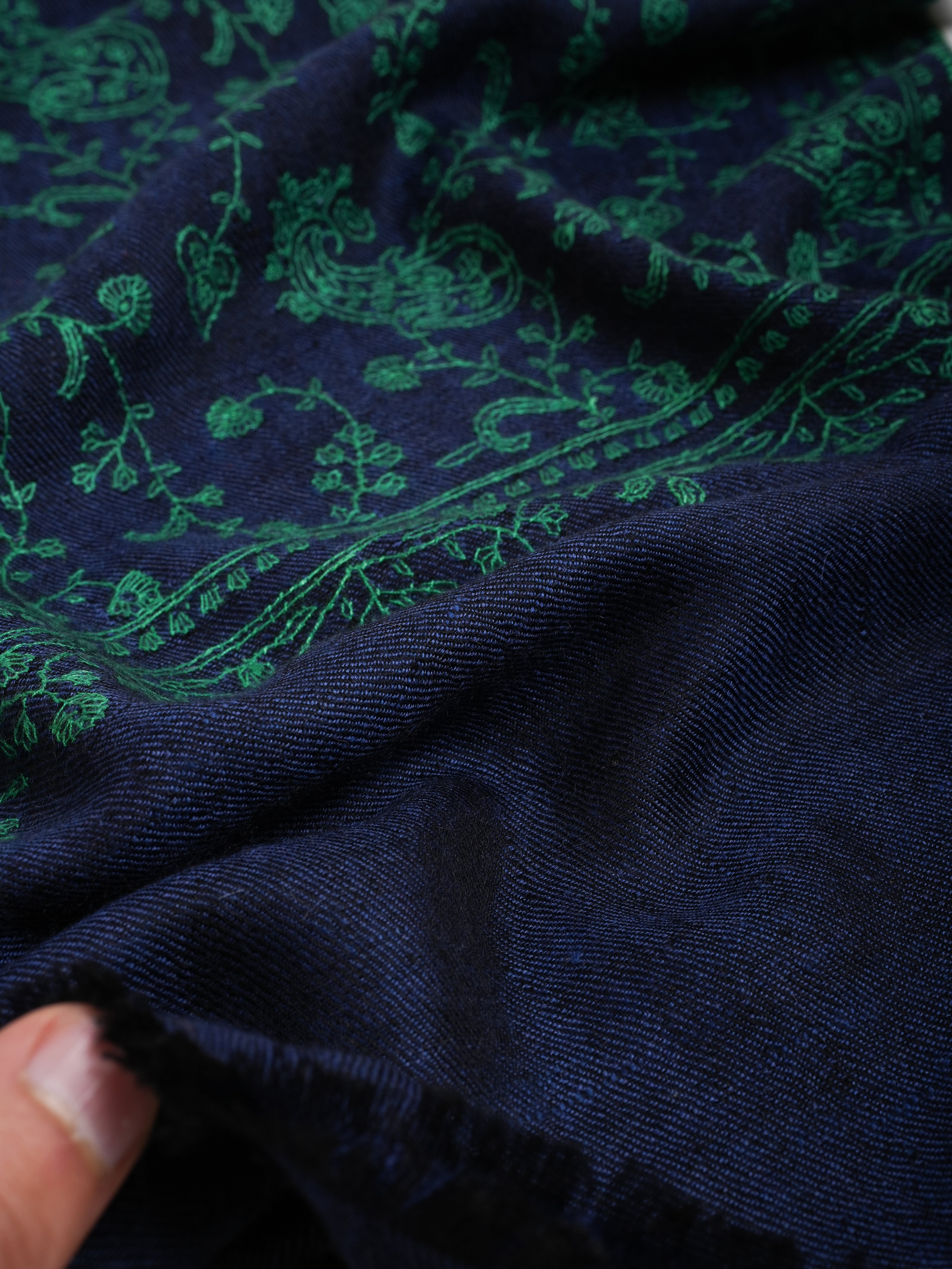 Blue Cashmere Scarf with Green Embroidery