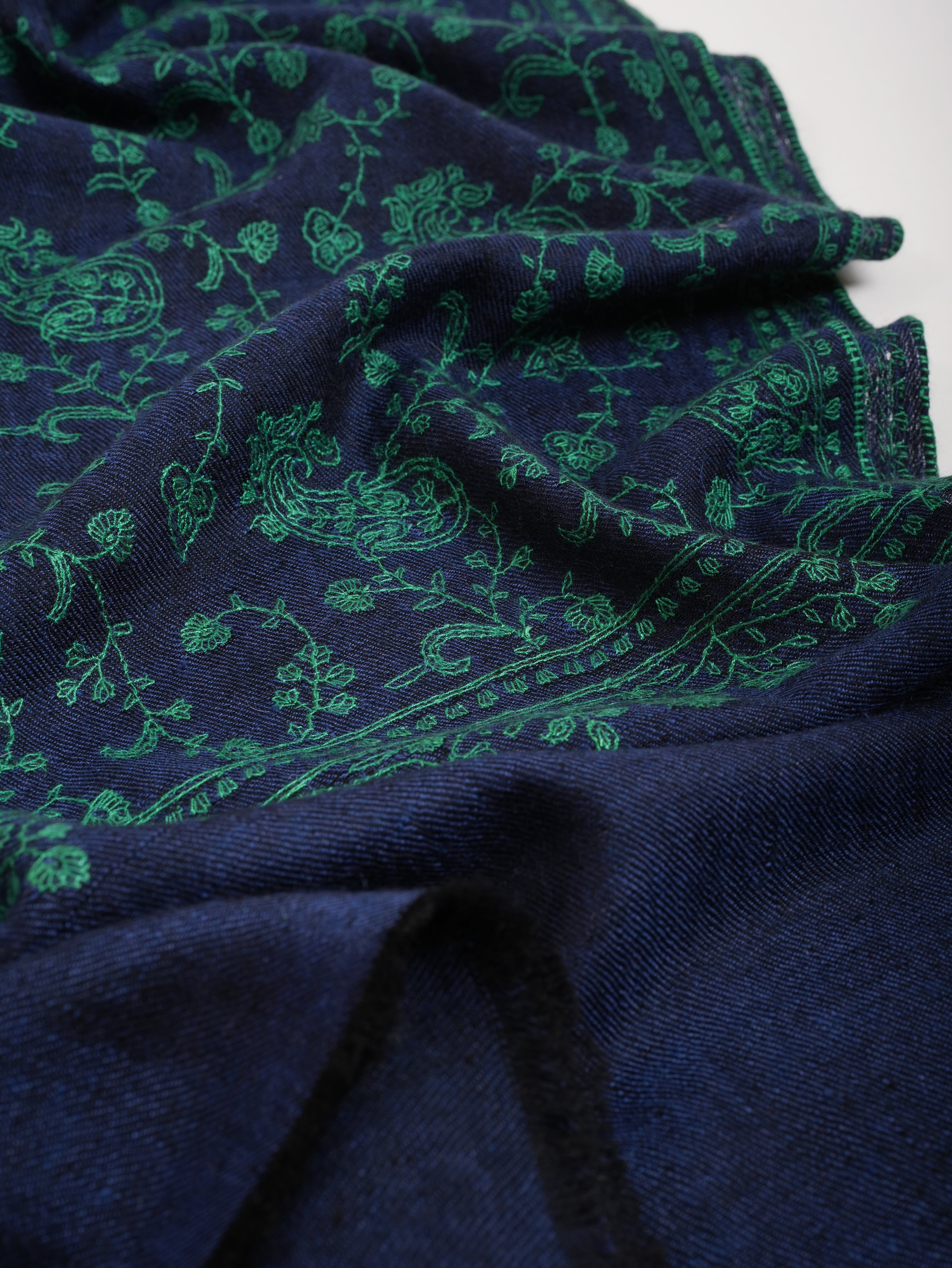 Blue Cashmere Scarf with Green Embroidery