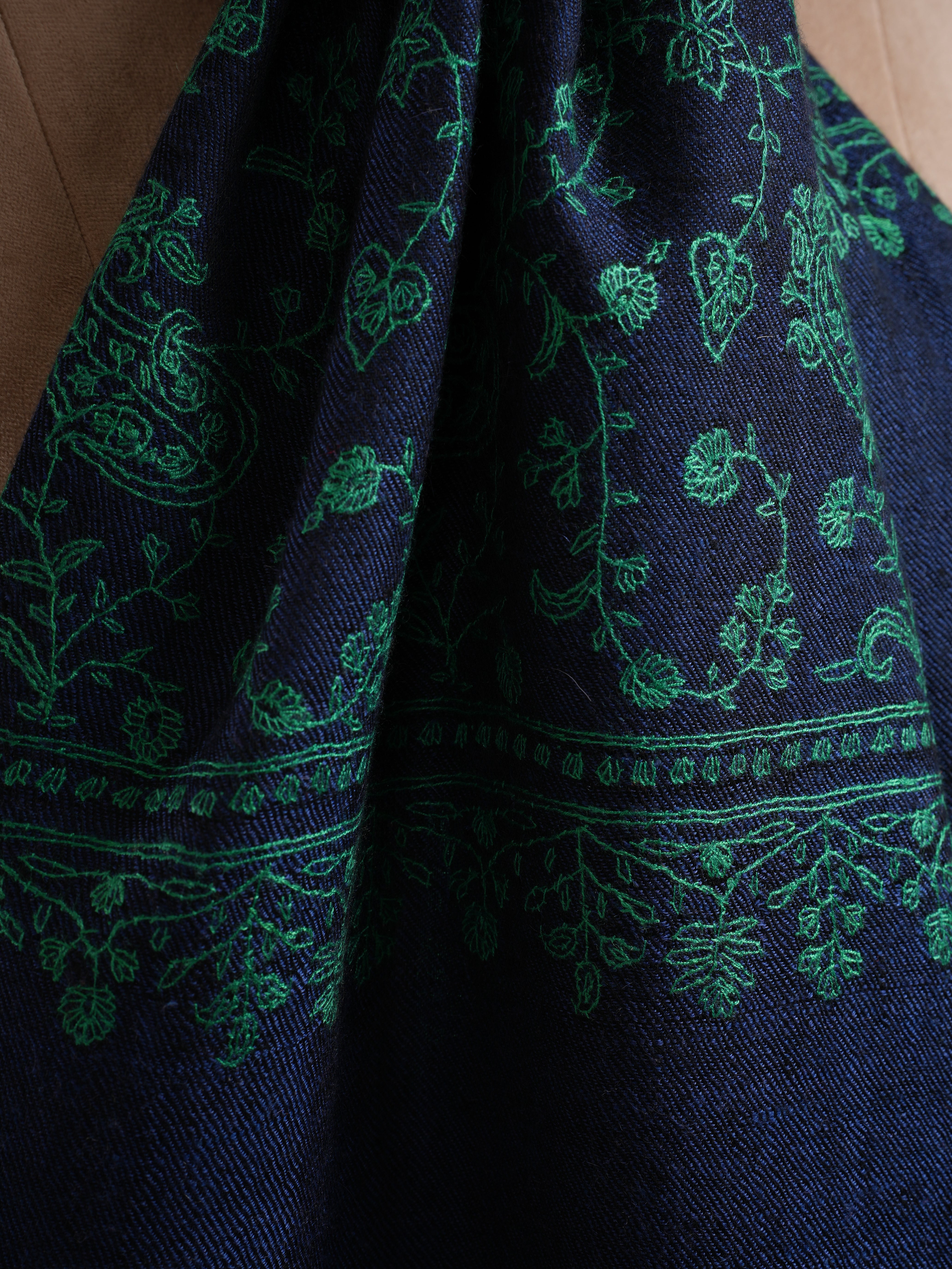 Blue Cashmere Scarf with Green Embroidery