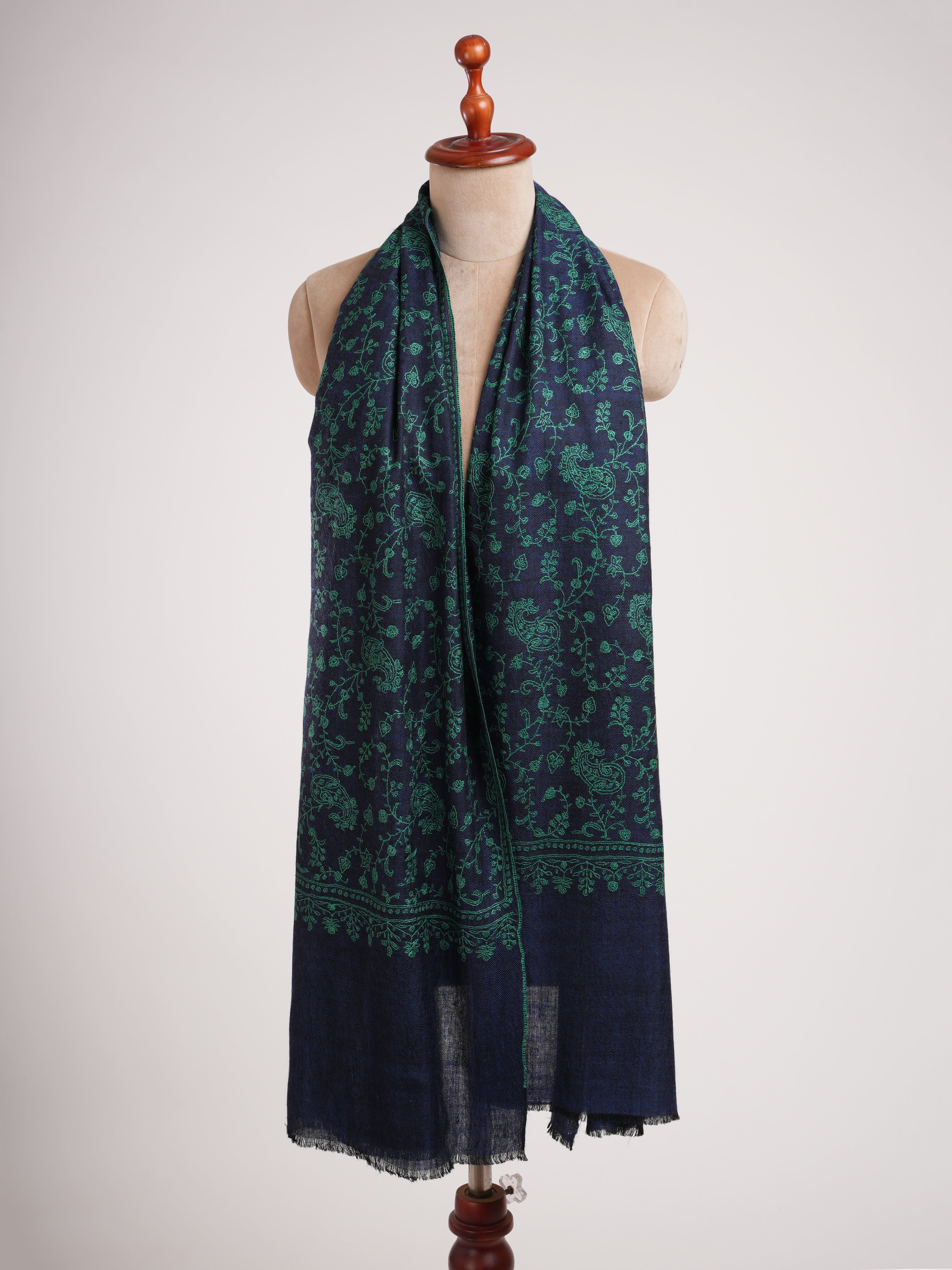 Blue Cashmere Scarf with Green Embroidery