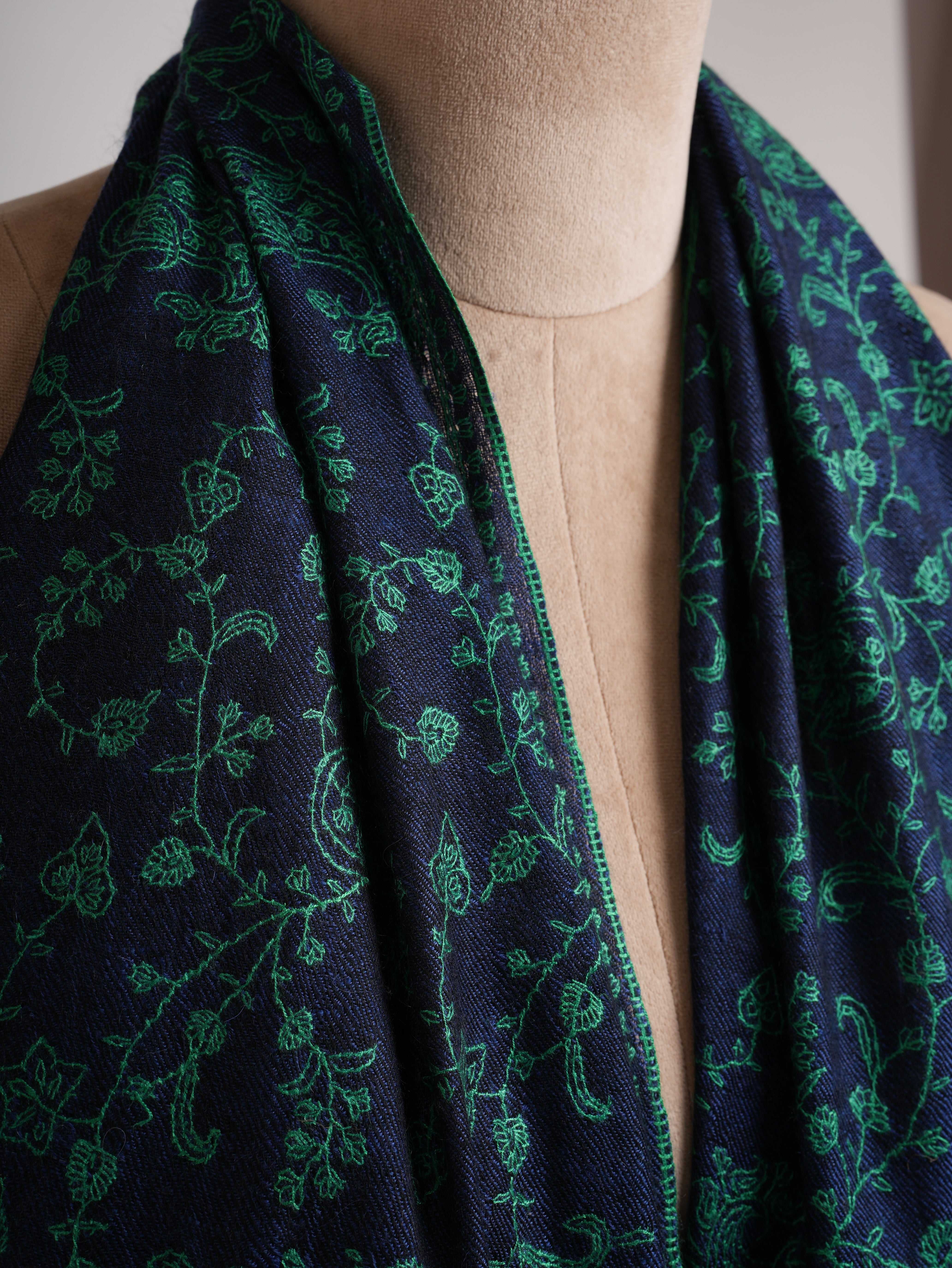 Blue Cashmere Scarf with Green Embroidery