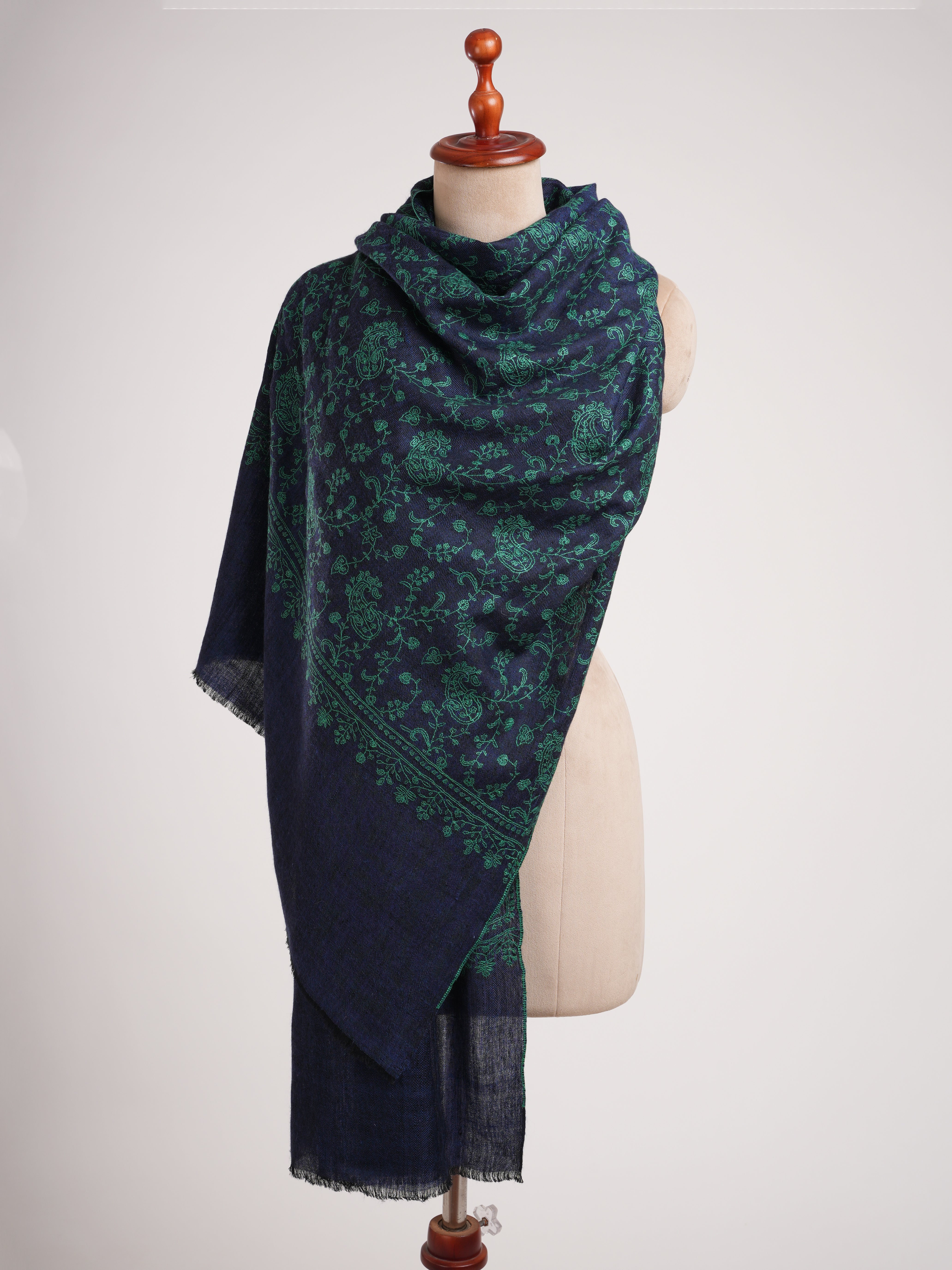 Blue Cashmere Scarf with Green Embroidery