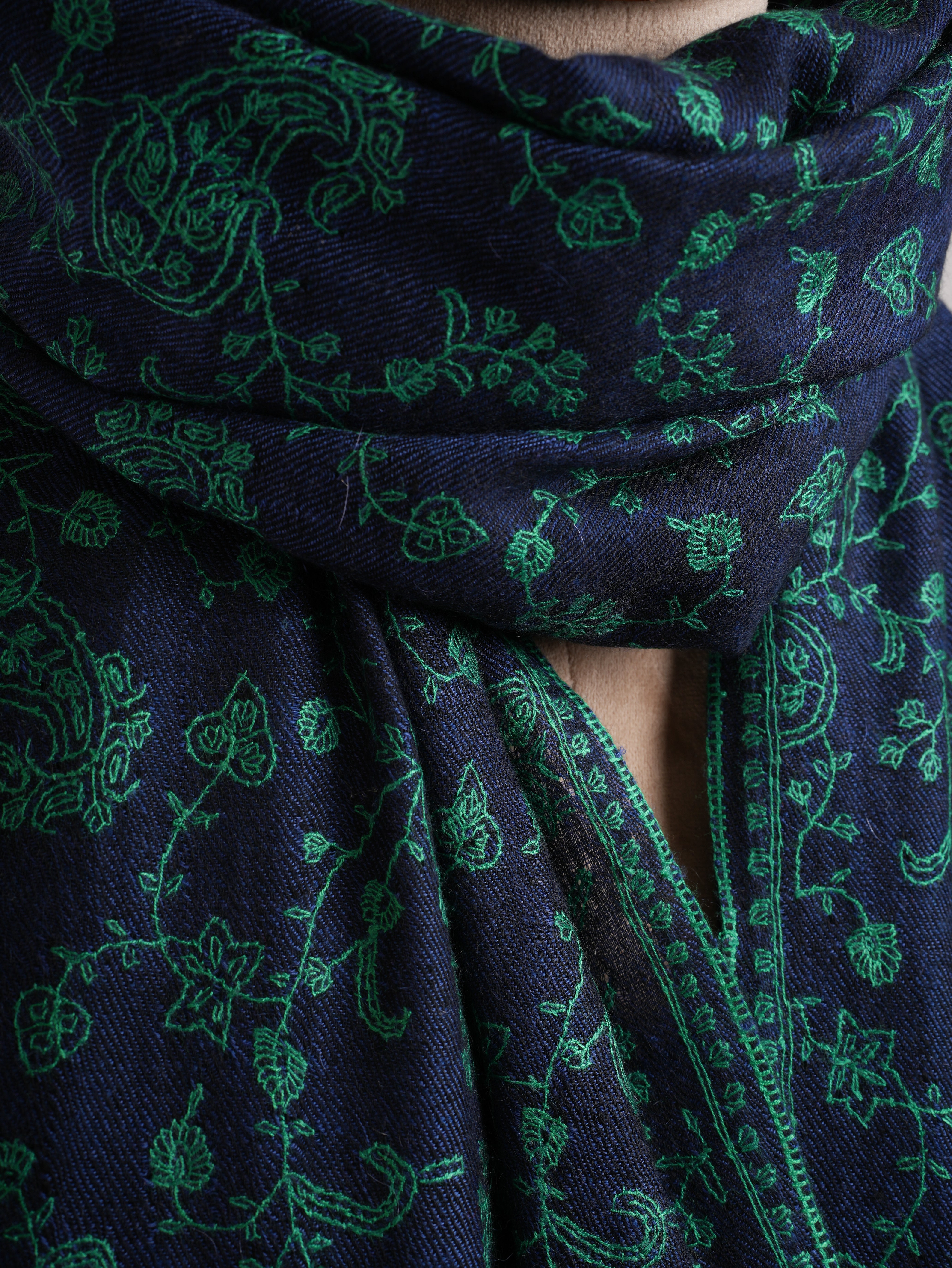 Blue Cashmere Scarf with Green Embroidery