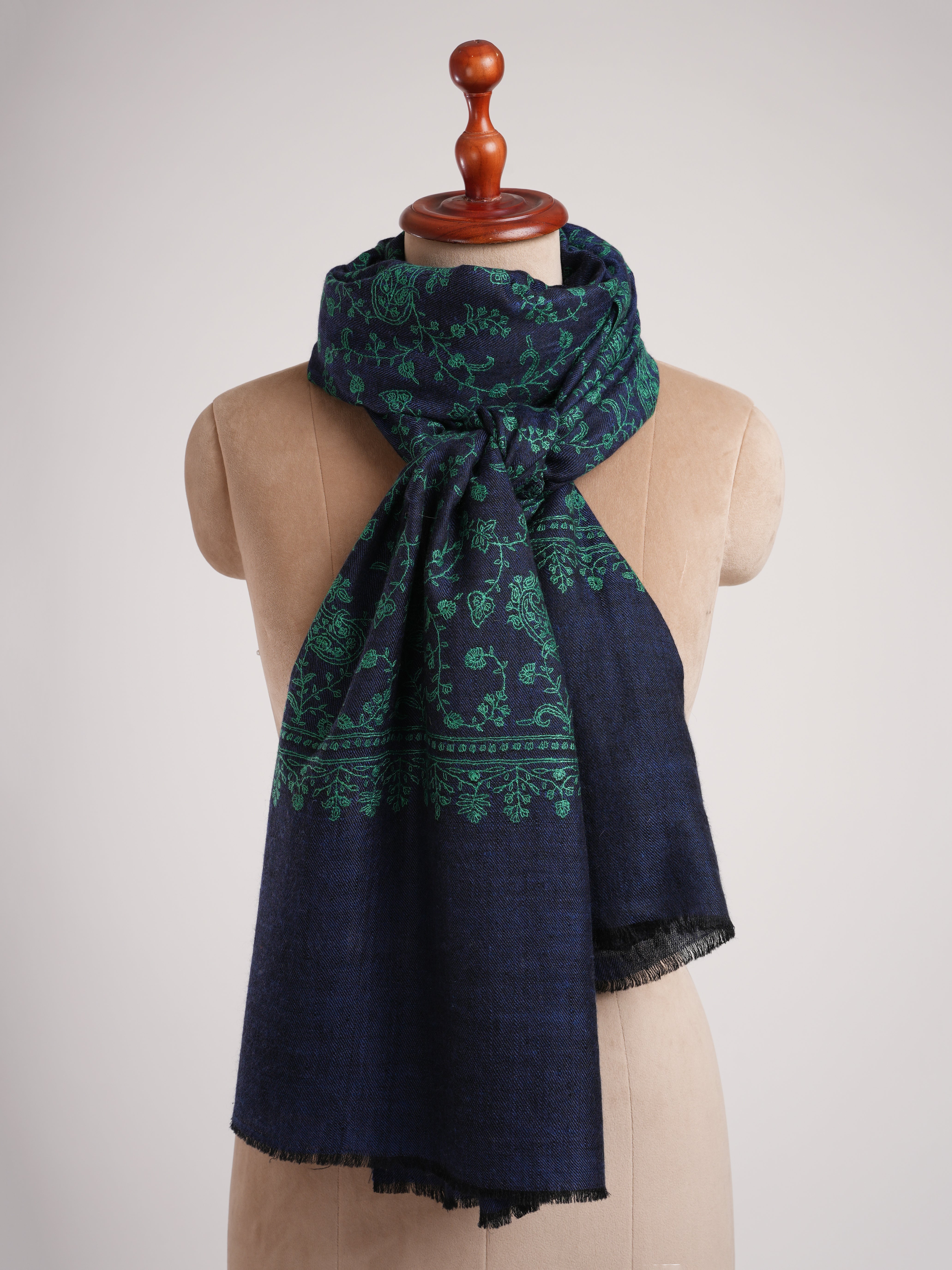 Blue Cashmere Scarf with Green Embroidery