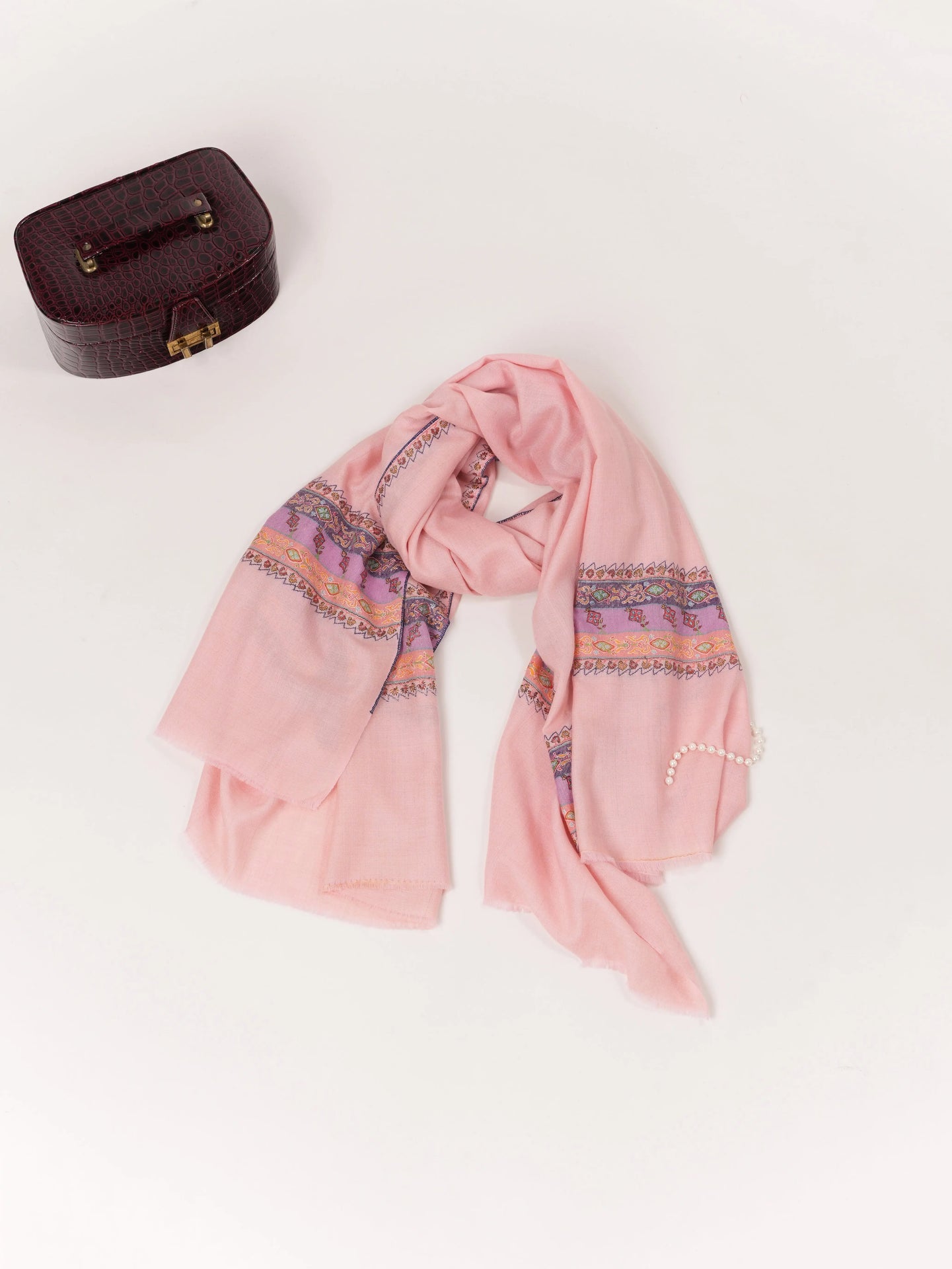 Palladar Embroidered Baby Pink Handwoven Authentic Pashmina Shawl Shahkaar.com