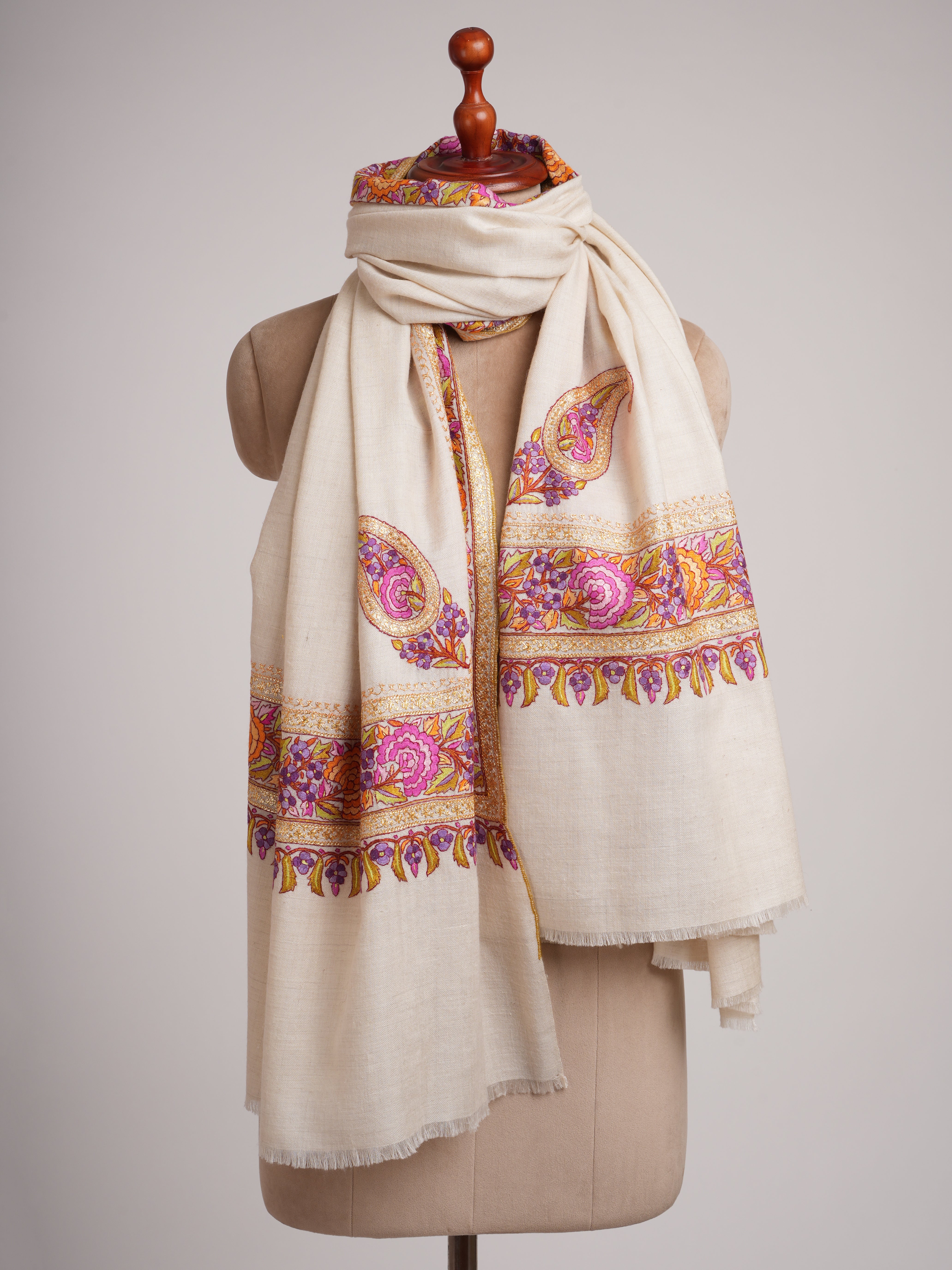 Ivory Pashmina Shawl with Fusion of Papermachie and Tilla