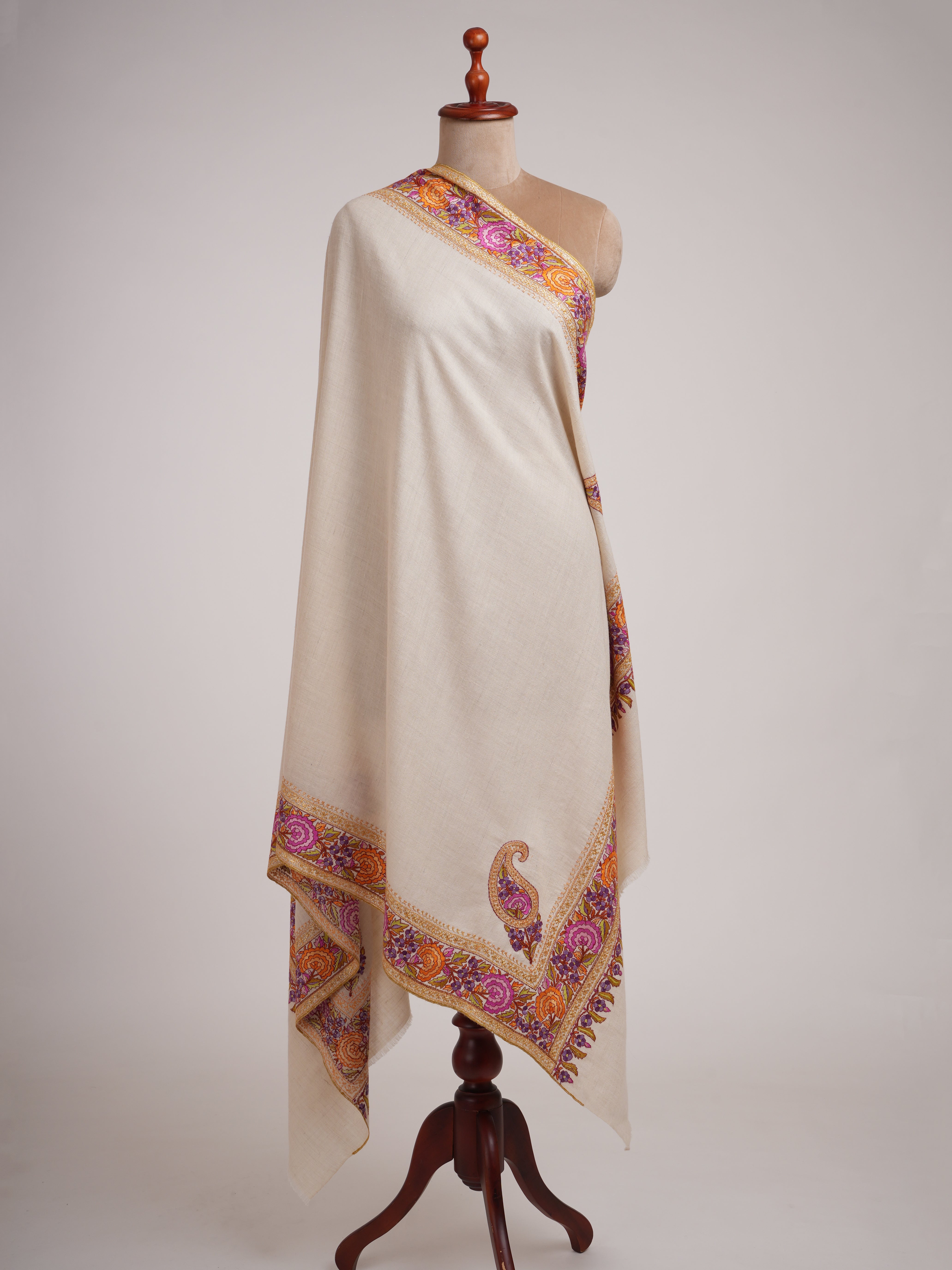 Ivory Pashmina Shawl with Fusion of Papermachie and Tilla