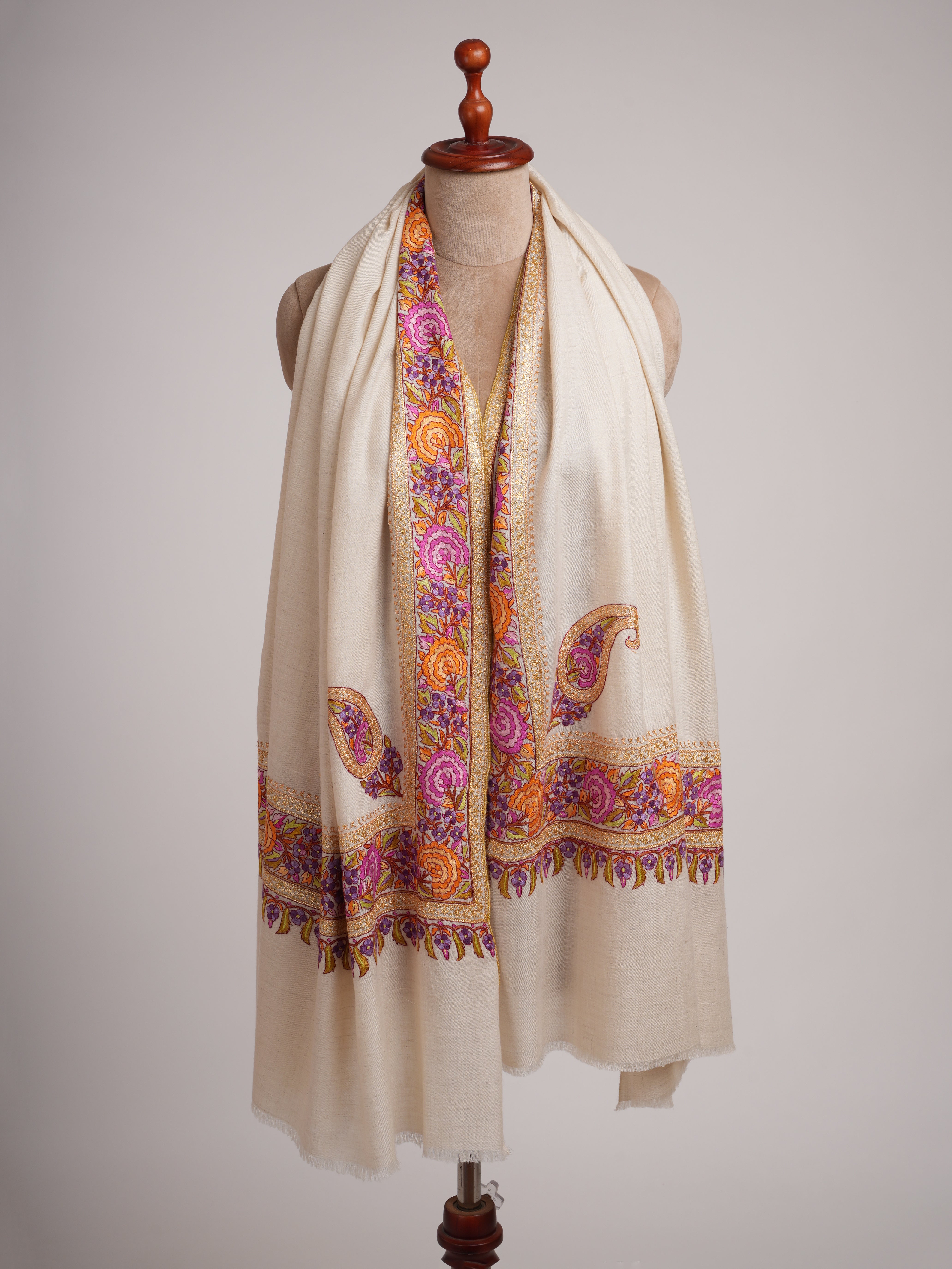 Ivory Pashmina Shawl with Fusion of Papermachie and Tilla