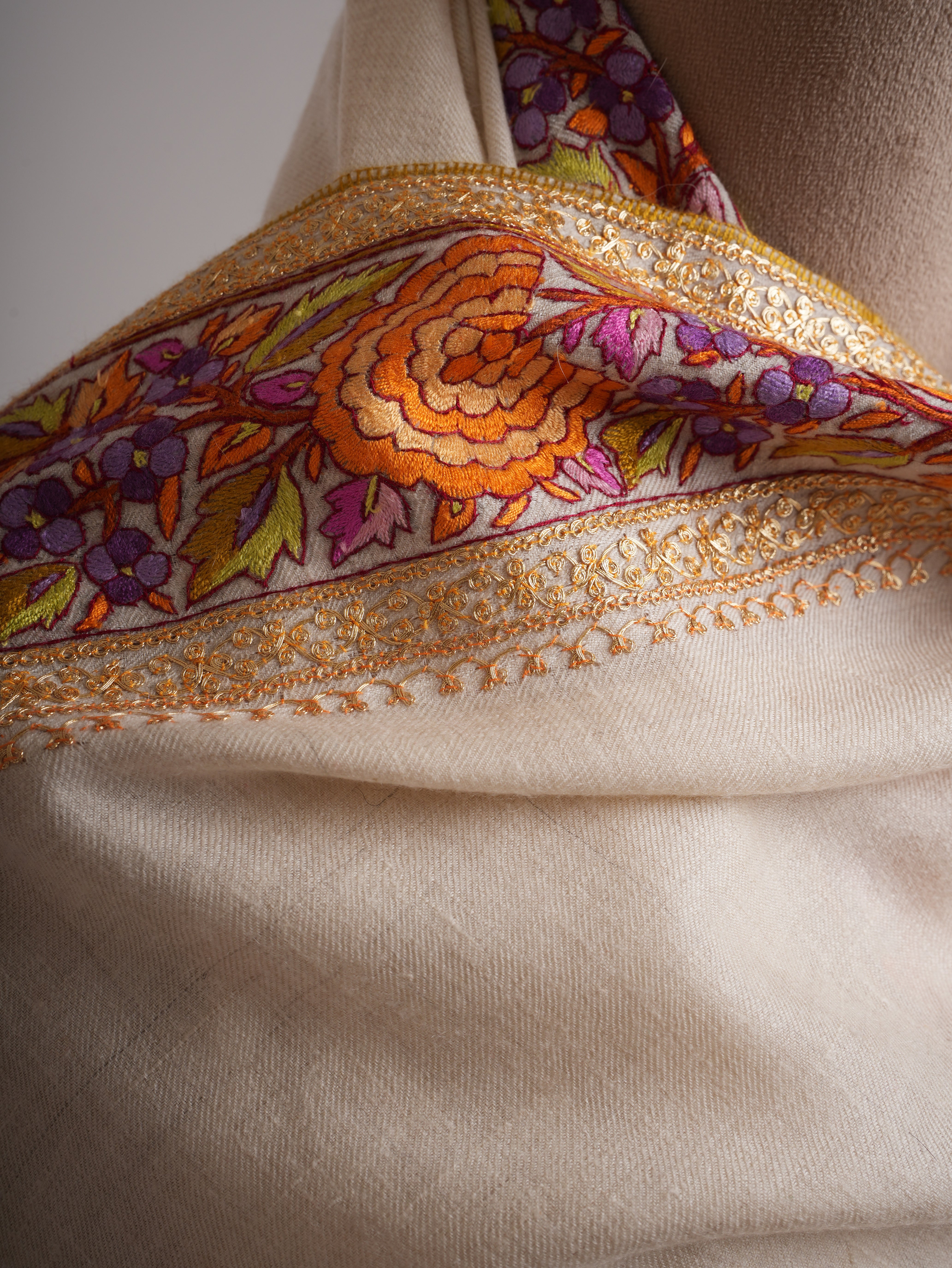 Ivory Pashmina Shawl with Fusion of Papermachie and Tilla
