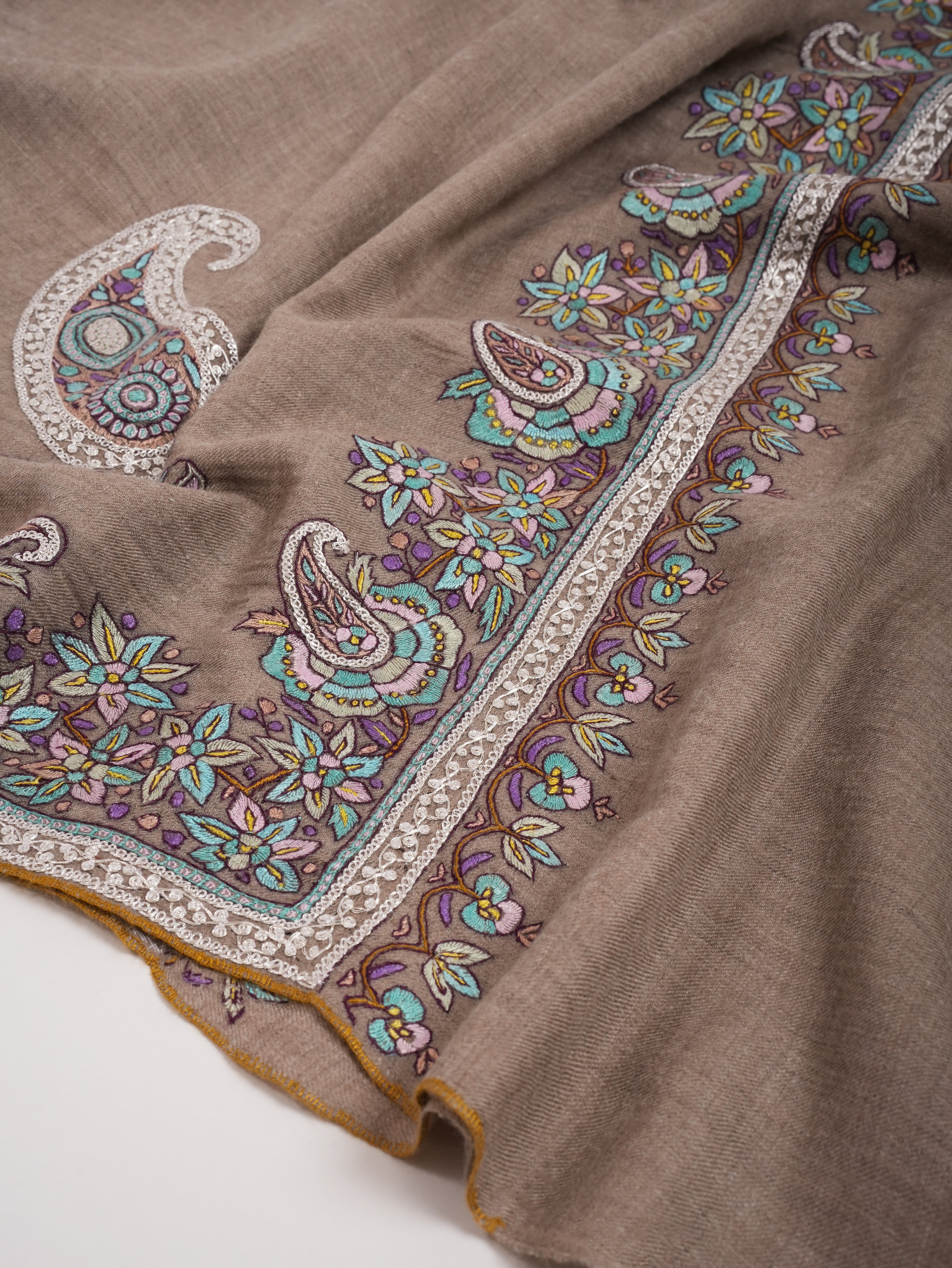 Natural Grey Pashmina Shawl with Tilla and Papermachie Embroidery