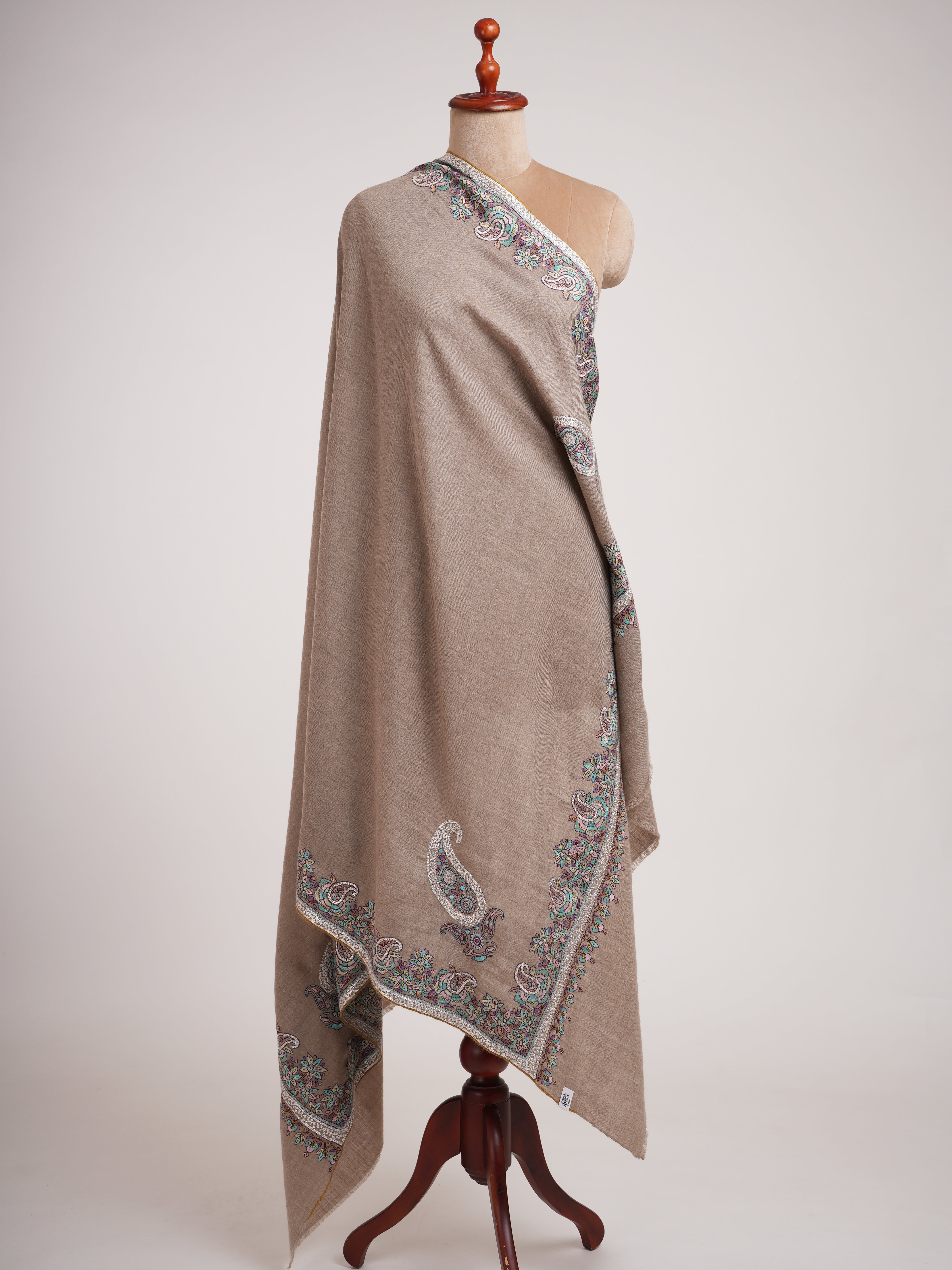 Natural Grey Pashmina Shawl with Tilla and Papermachie Embroidery