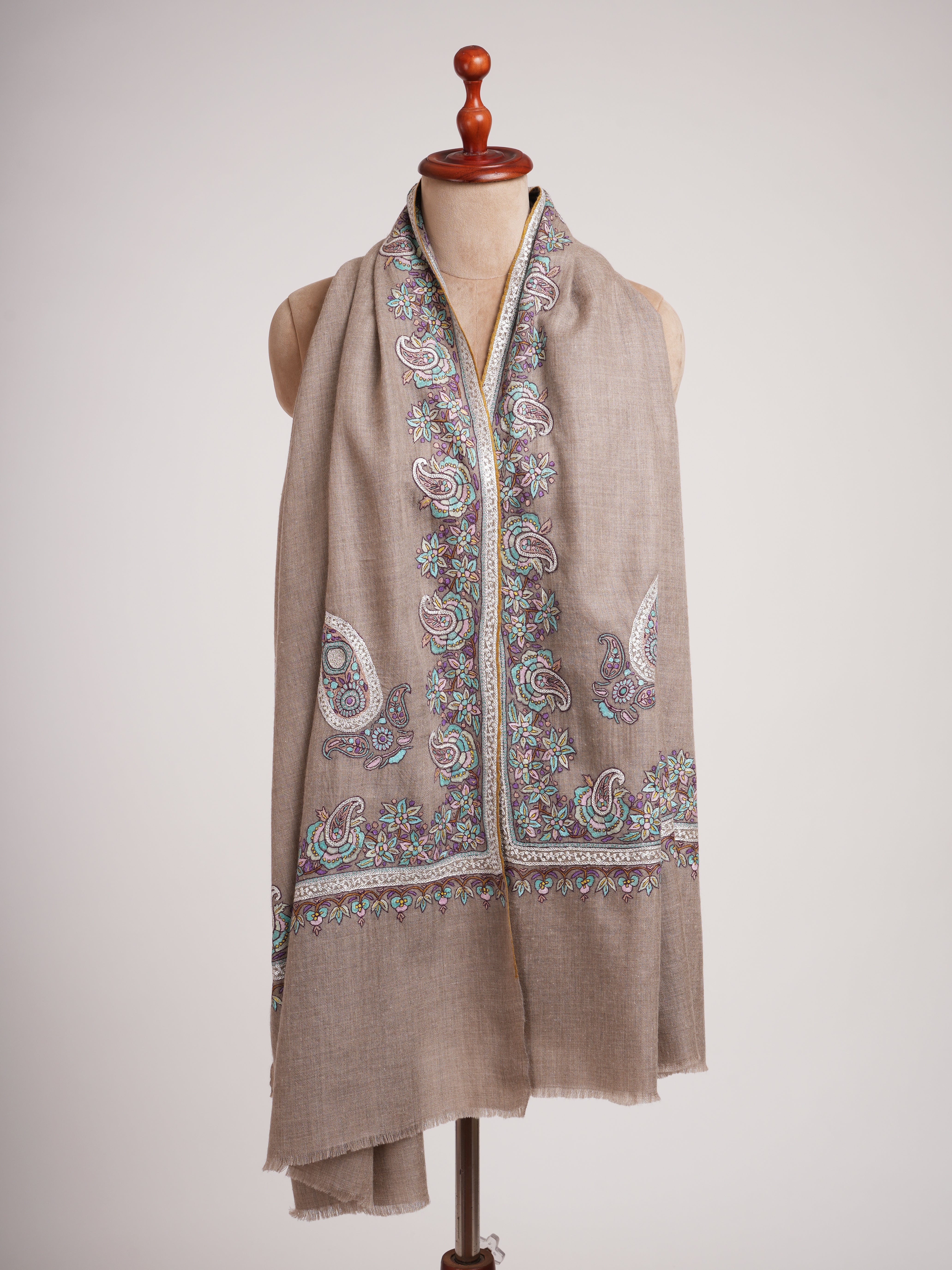 Natural Grey Pashmina Shawl with Tilla and Papermachie Embroidery