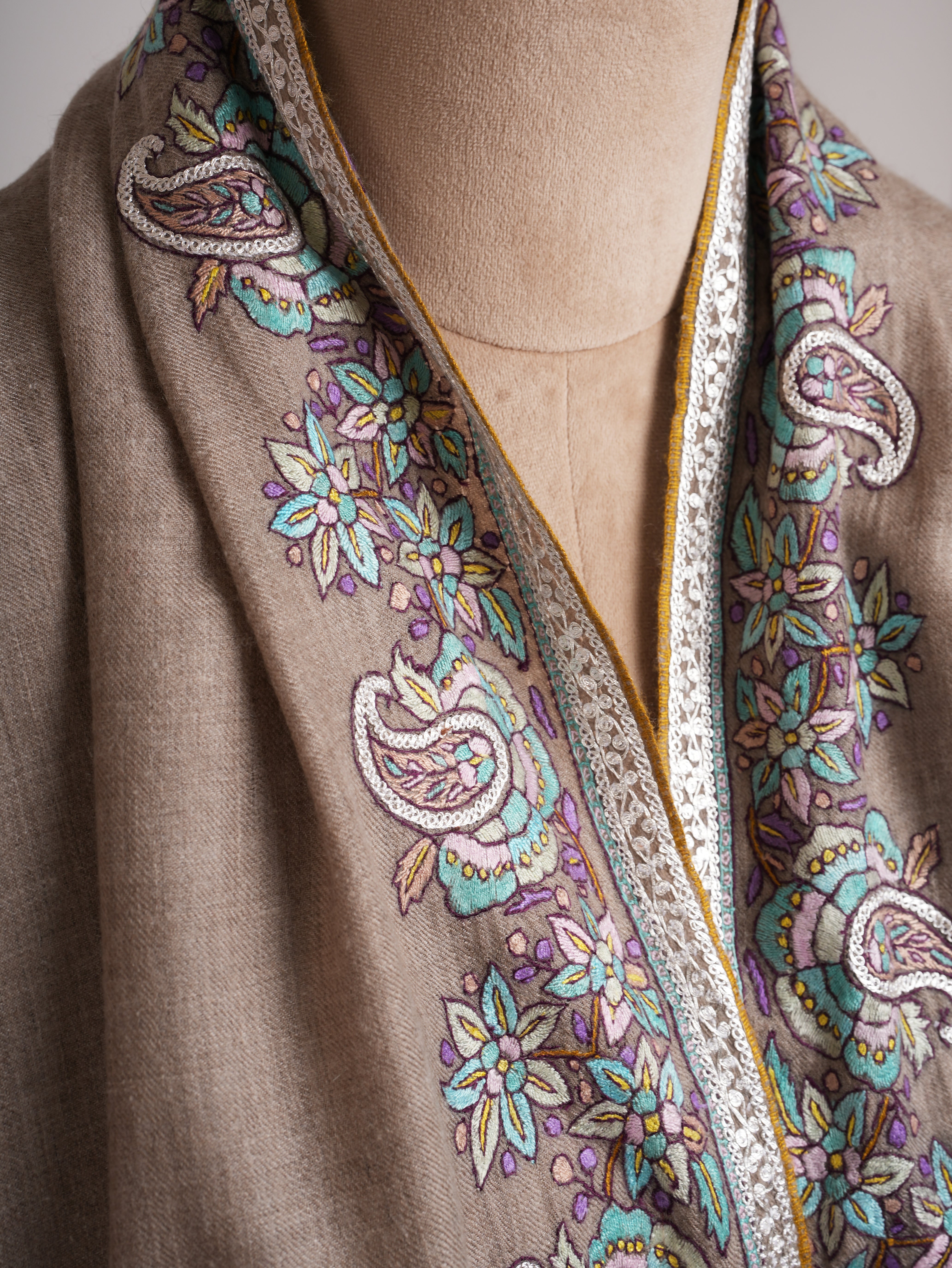 Natural Grey Pashmina Shawl with Tilla and Papermachie Embroidery