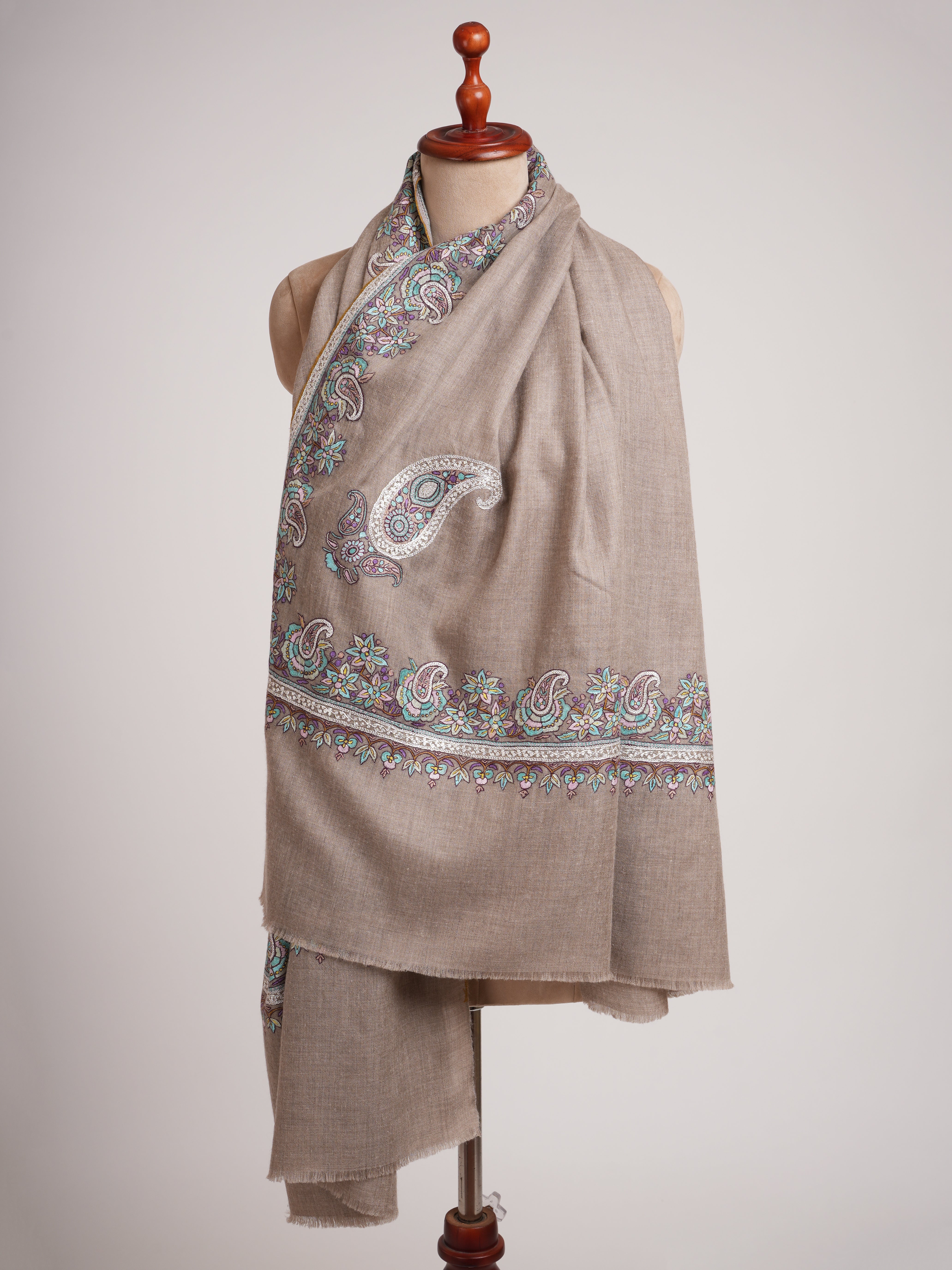 Natural Grey Pashmina Shawl with Tilla and Papermachie Embroidery