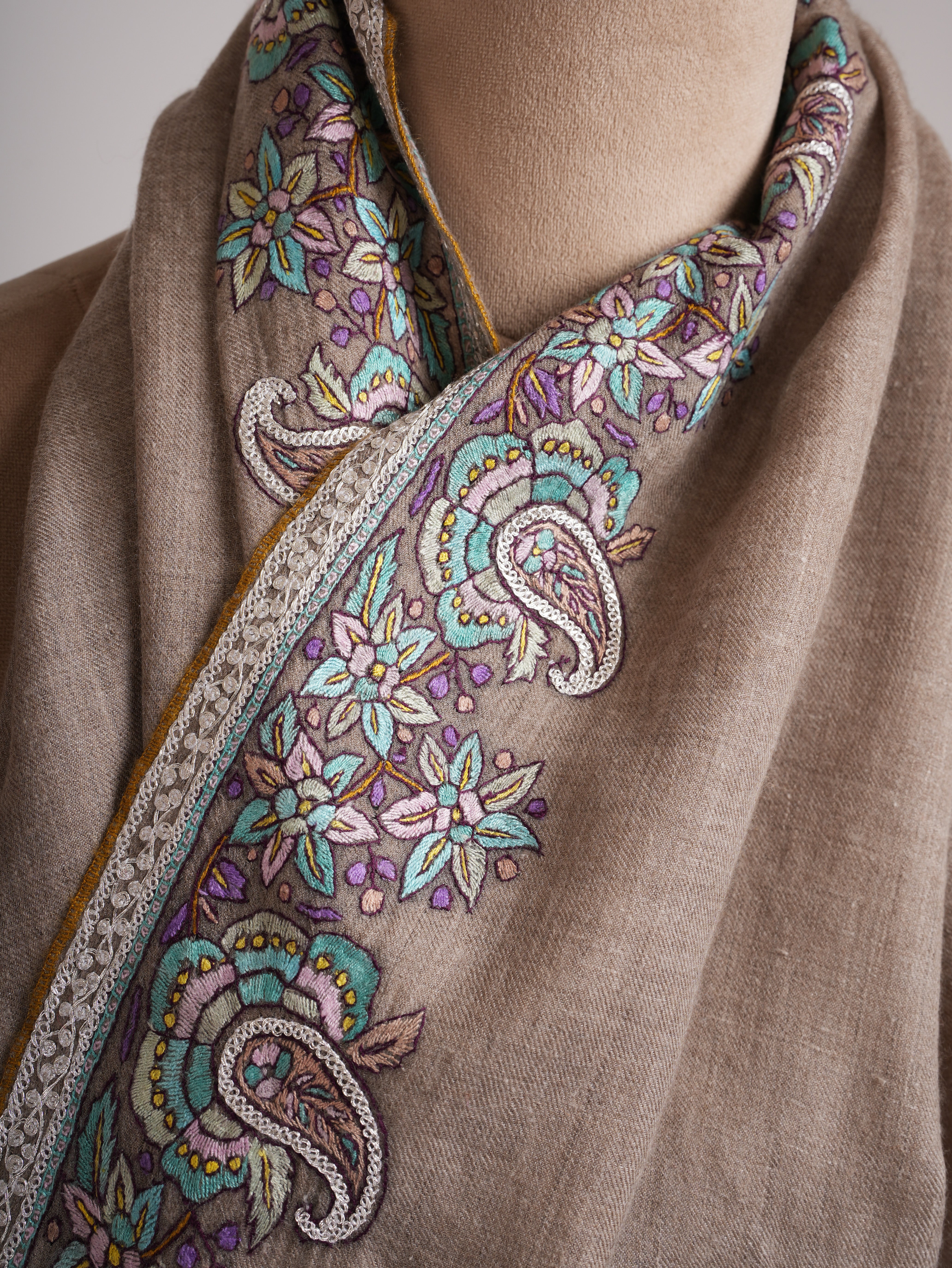 Natural Grey Pashmina Shawl with Tilla and Papermachie Embroidery