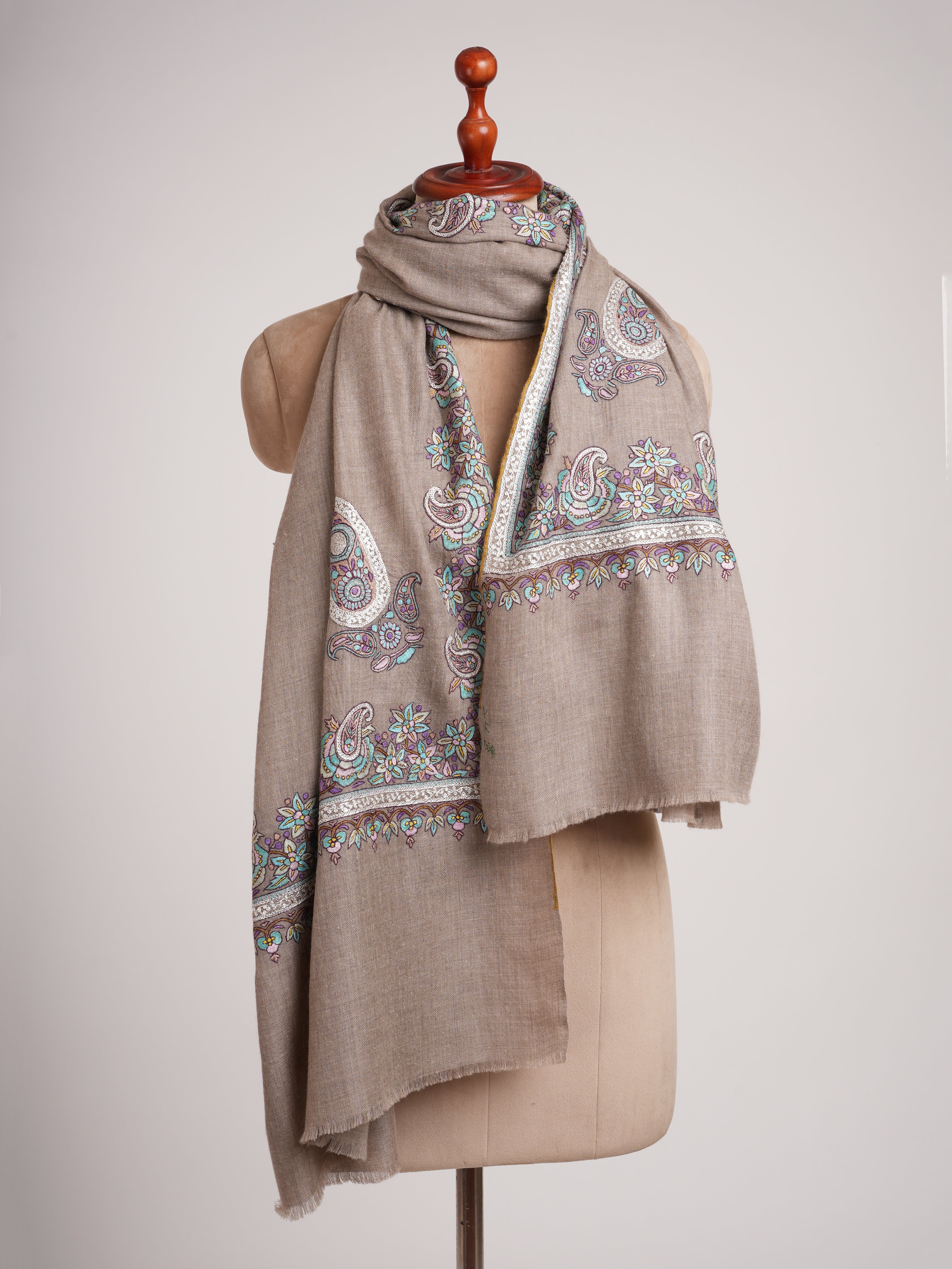 Natural Grey Pashmina Shawl with Tilla and Papermachie Embroidery
