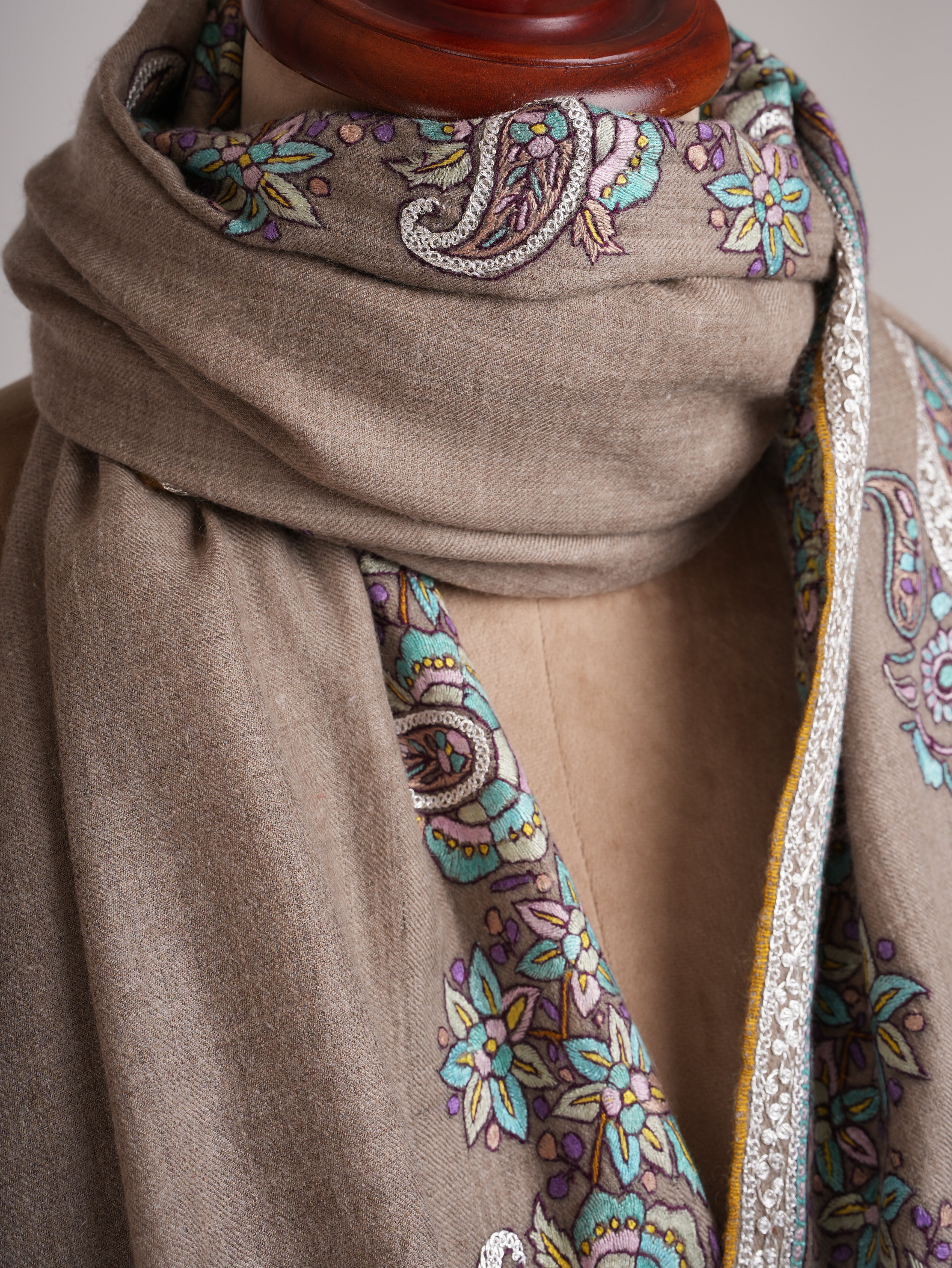 Natural Grey Pashmina Shawl with Tilla and Papermachie Embroidery