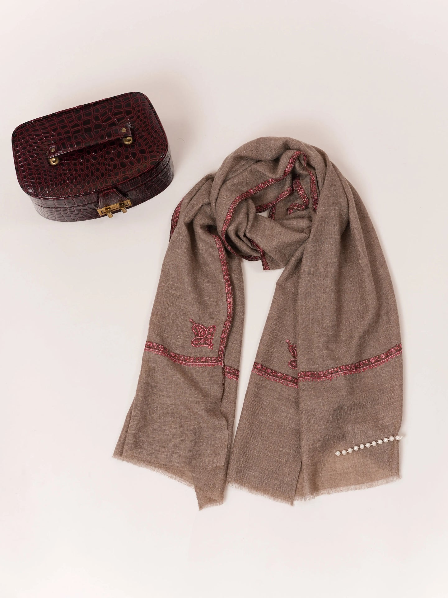 Rare Natural Dark Taupe Bail Embroidered Cashmere Scarf Shahkaar.com
