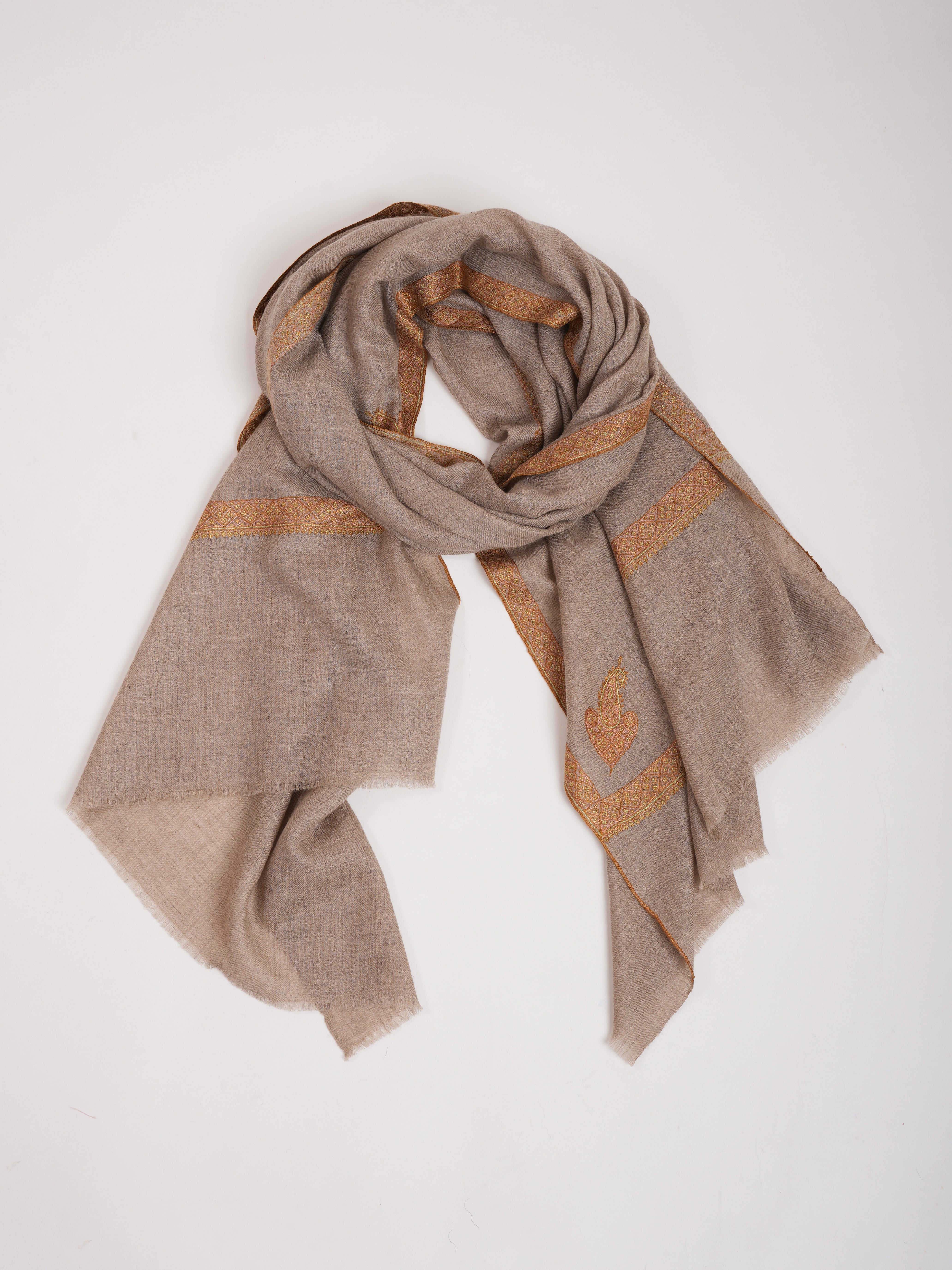 Natural Grey Hashia Embroidered Premium Cashmere Scarf