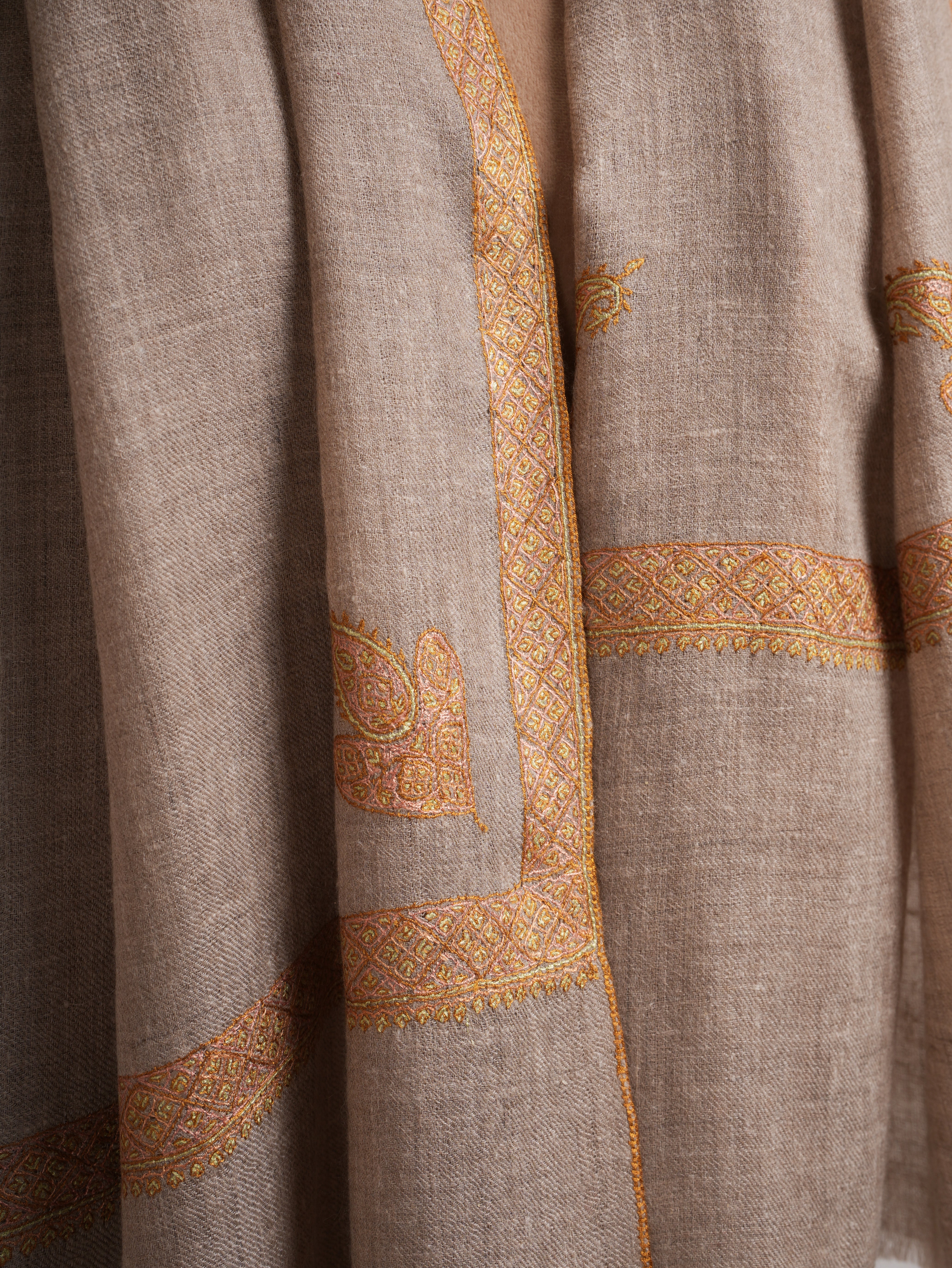Natural Grey Hashia Embroidered Premium Cashmere Scarf