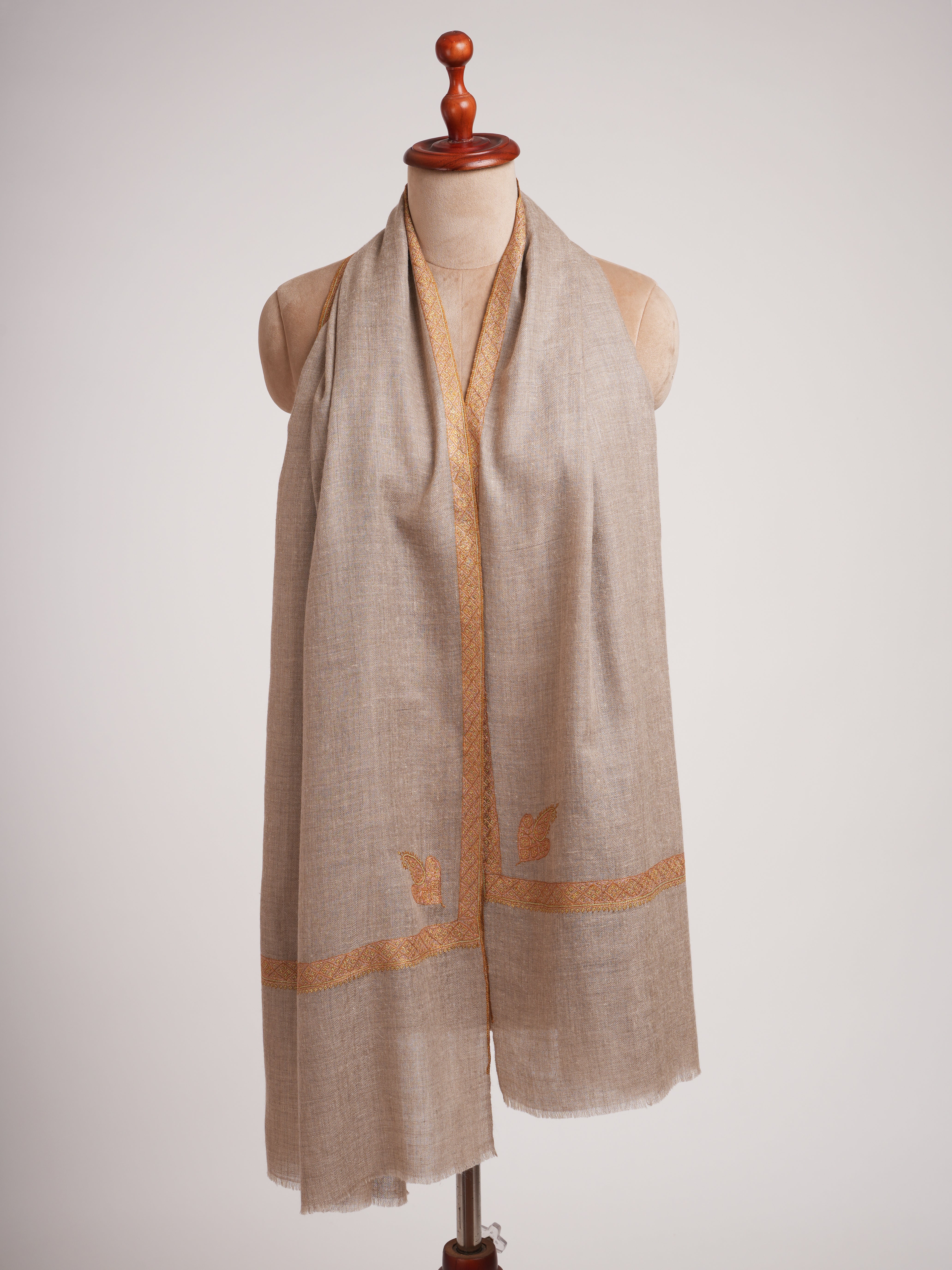 Natural Grey Hashia Embroidered Premium Cashmere Scarf
