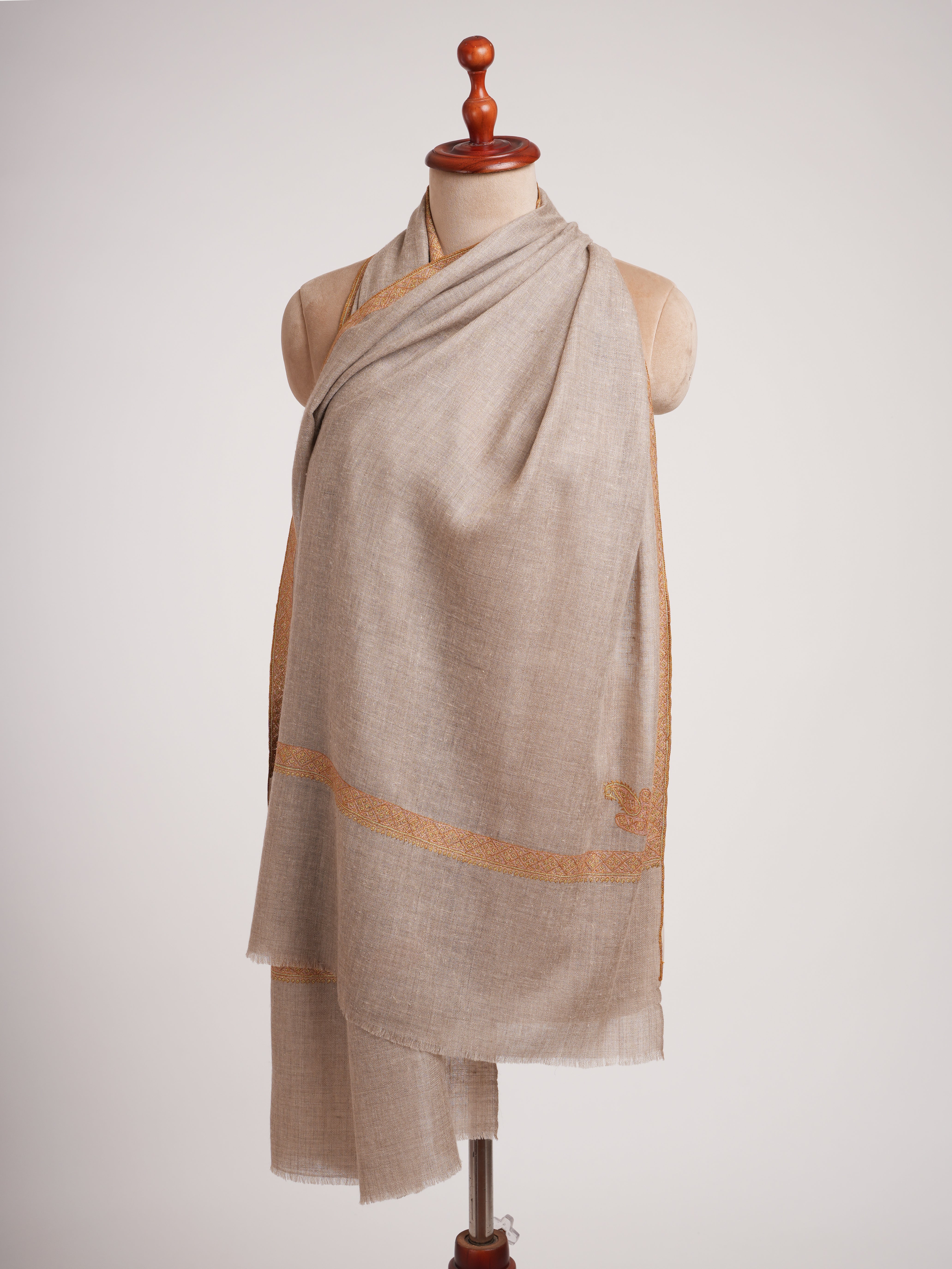 Natural Grey Hashia Embroidered Premium Cashmere Scarf
