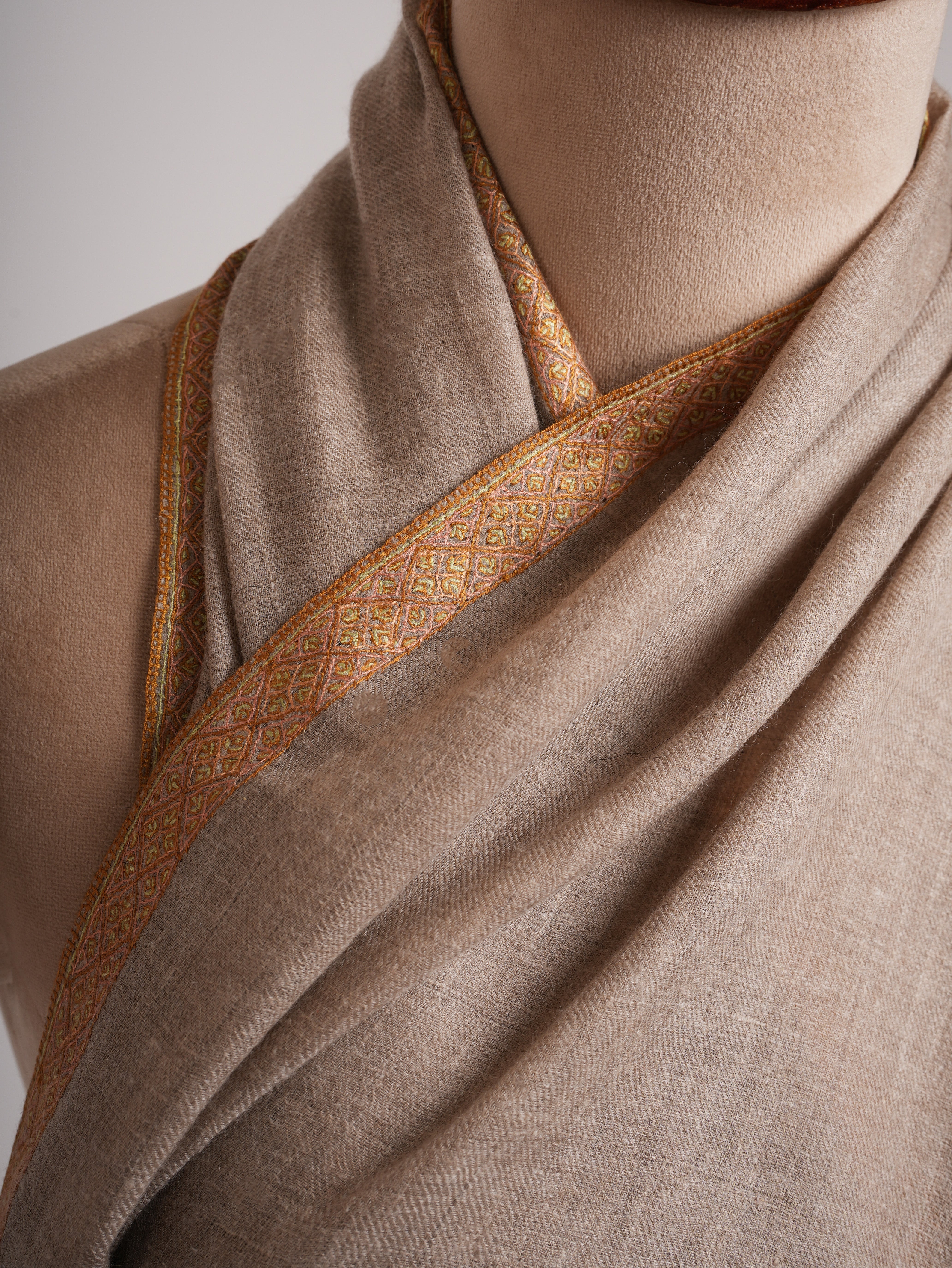 Natural Grey Hashia Embroidered Premium Cashmere Scarf