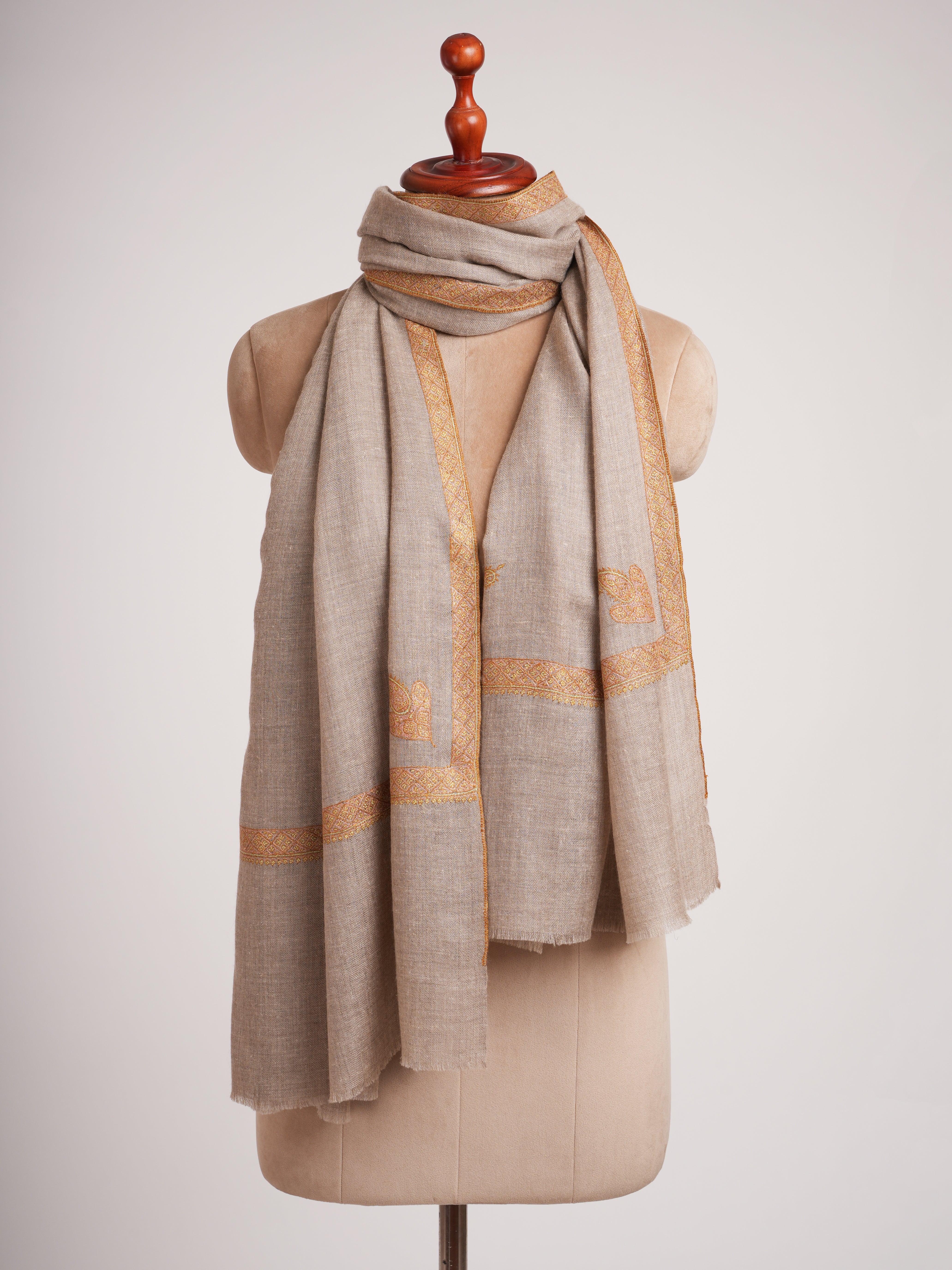 Natural Grey Hashia Embroidered Premium Cashmere Scarf