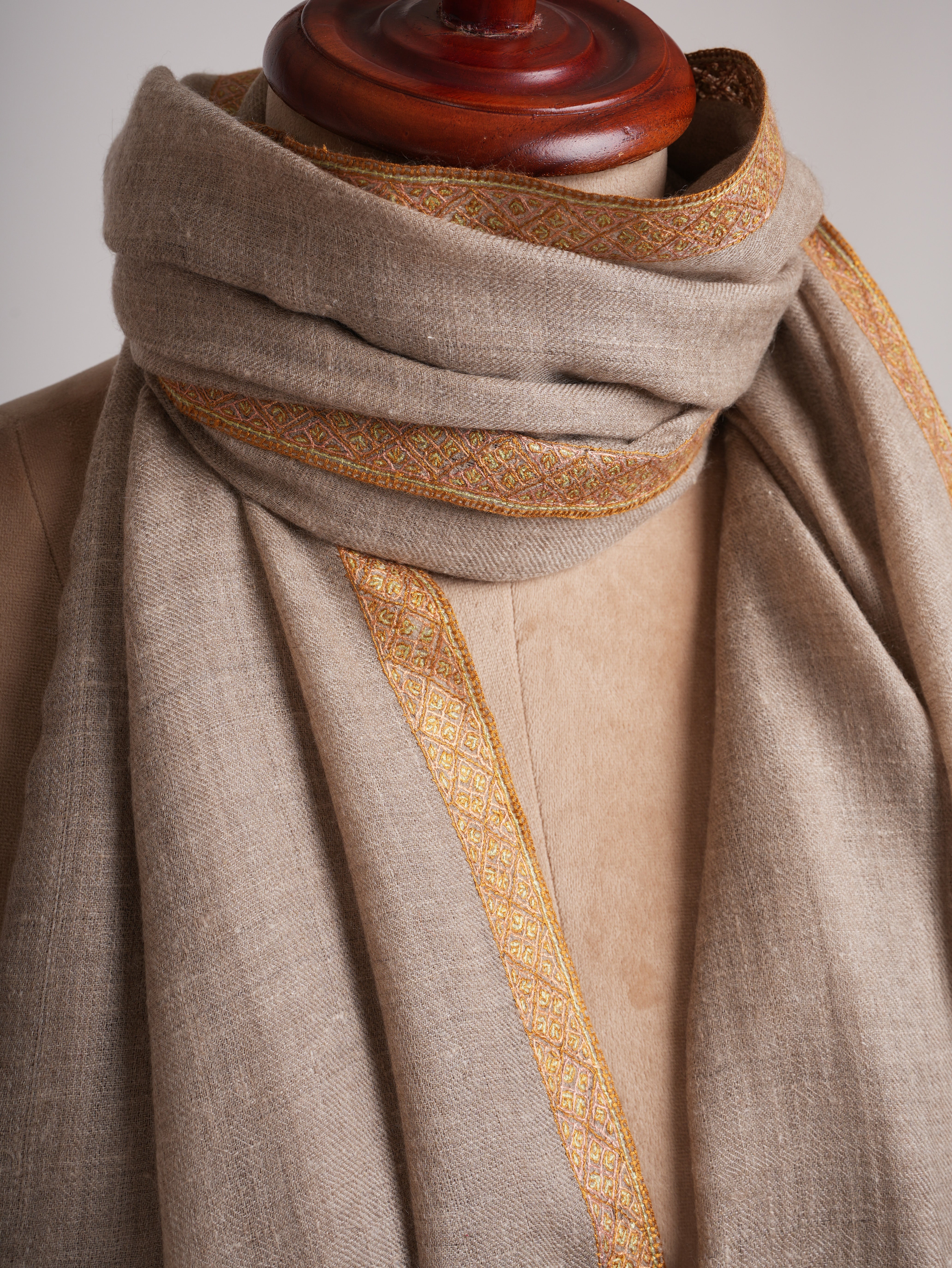 Natural Grey Hashia Embroidered Premium Cashmere Scarf