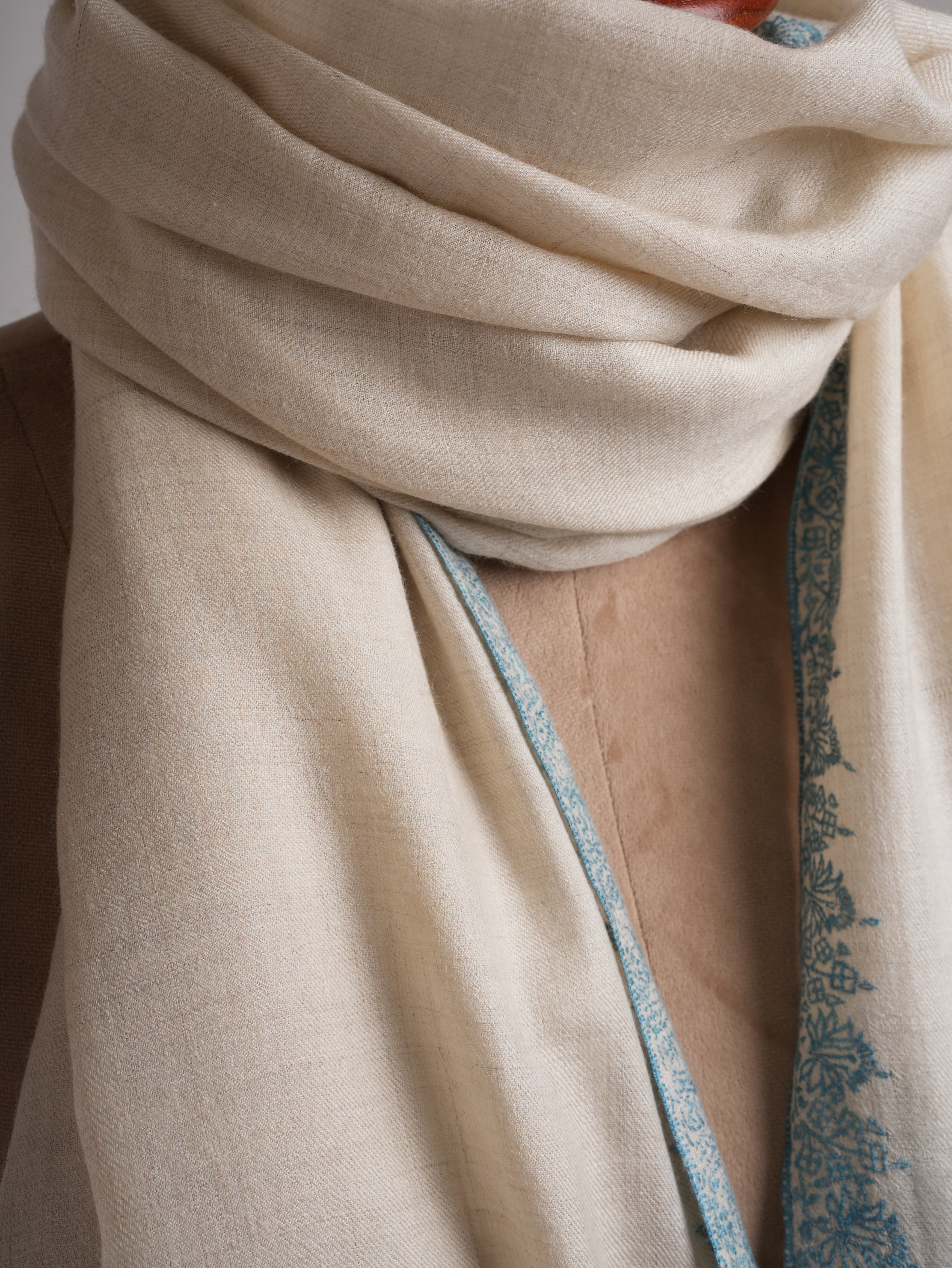 Ivory Pashmina Shawl Hashia Hand Embroidery
