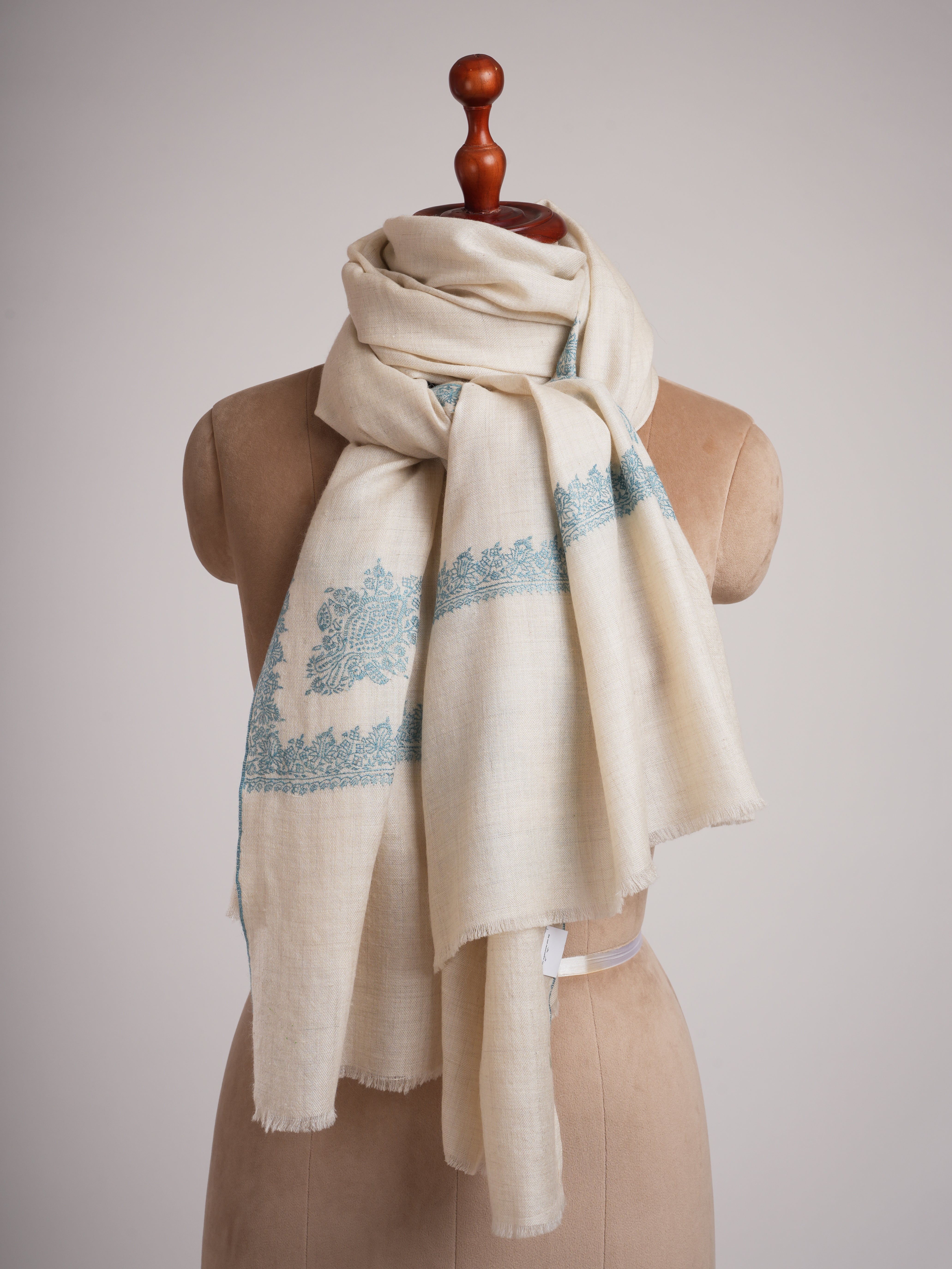 Ivory Pashmina Shawl Hashia Hand Embroidery