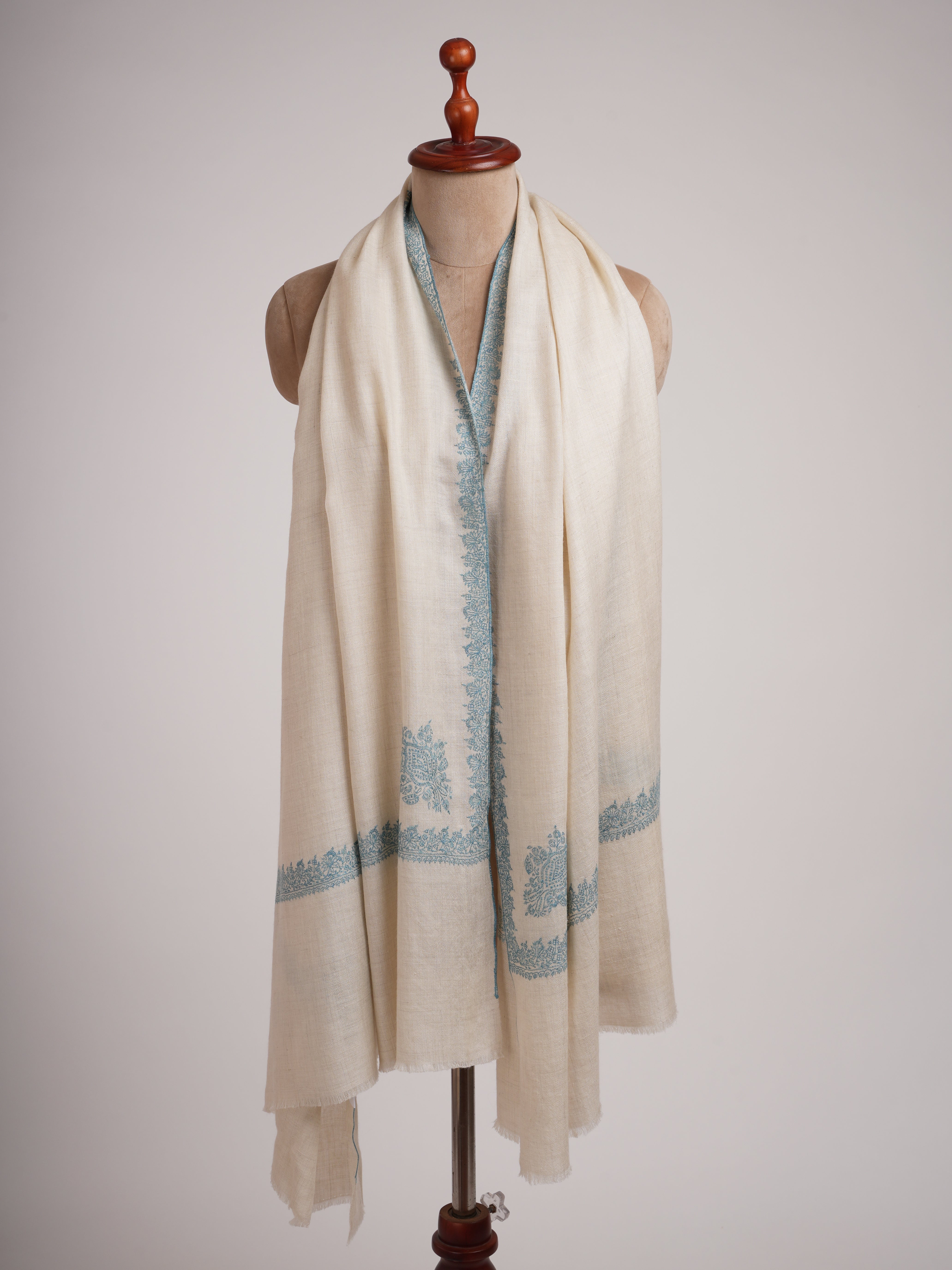 Ivory Pashmina Shawl Hashia Hand Embroidery