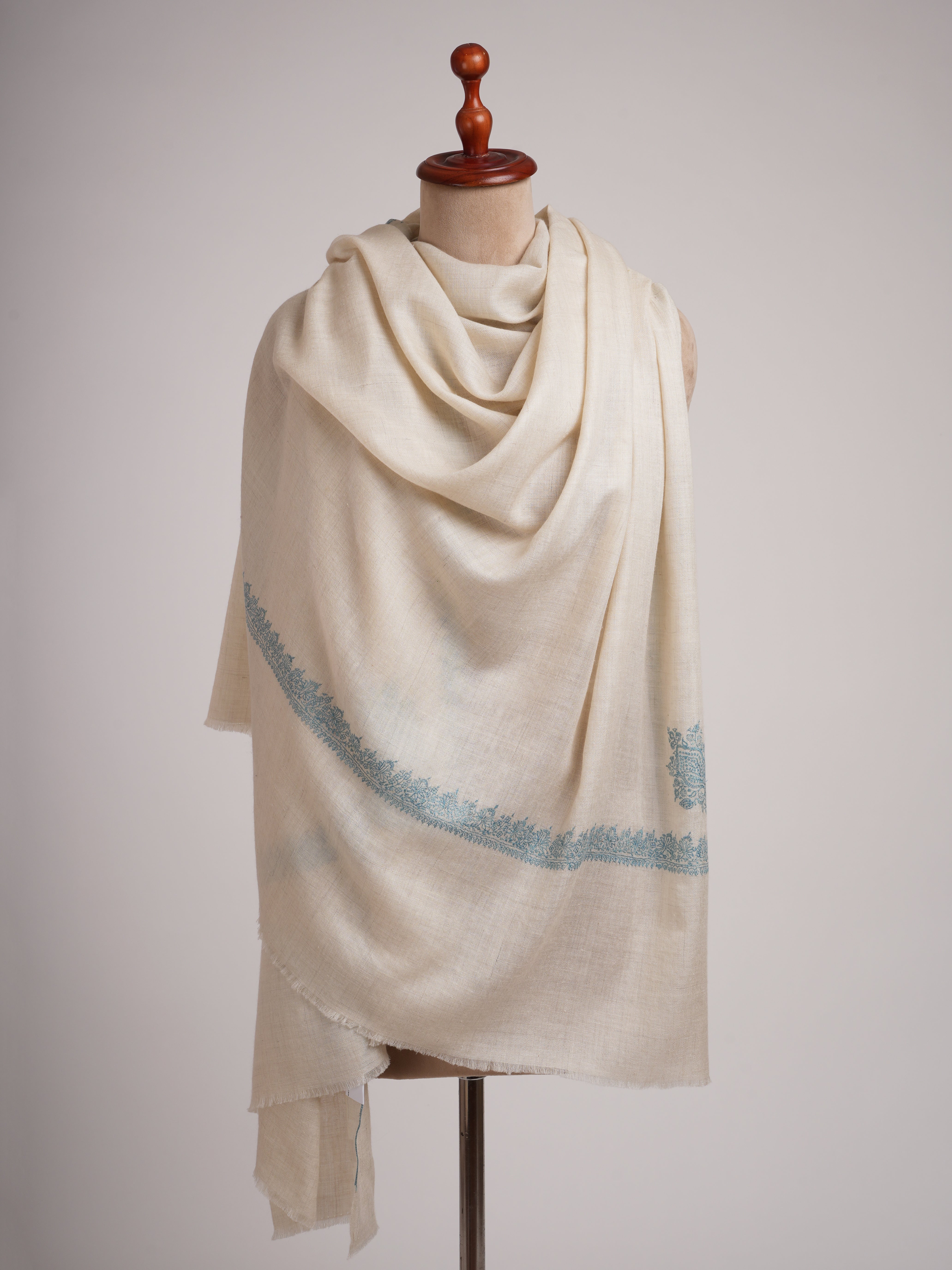 Ivory Pashmina Shawl Hashia Hand Embroidery