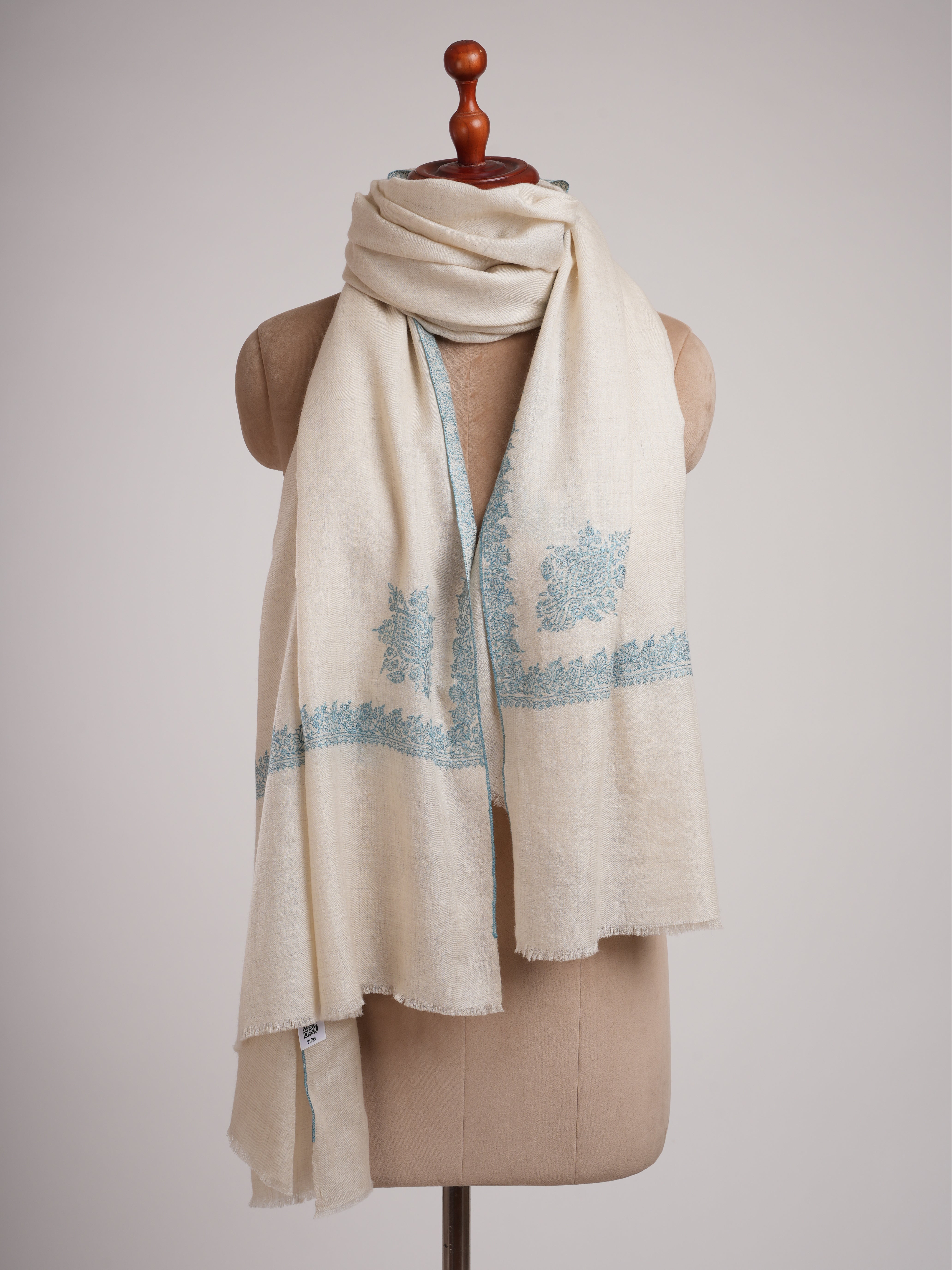 Ivory Pashmina Shawl Hashia Hand Embroidery