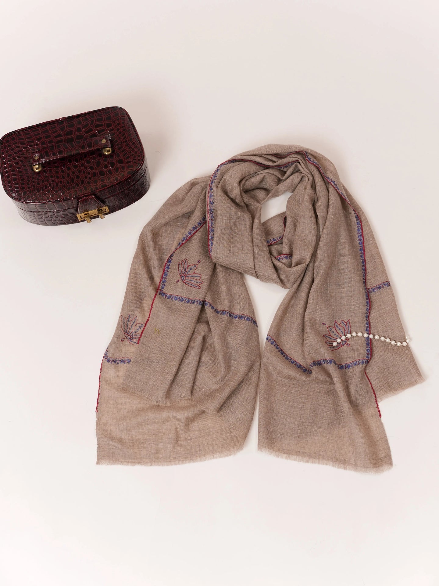 Natural Taupe Featherlight Hand Embroidered Cashmere Scarf Shahkaar.com