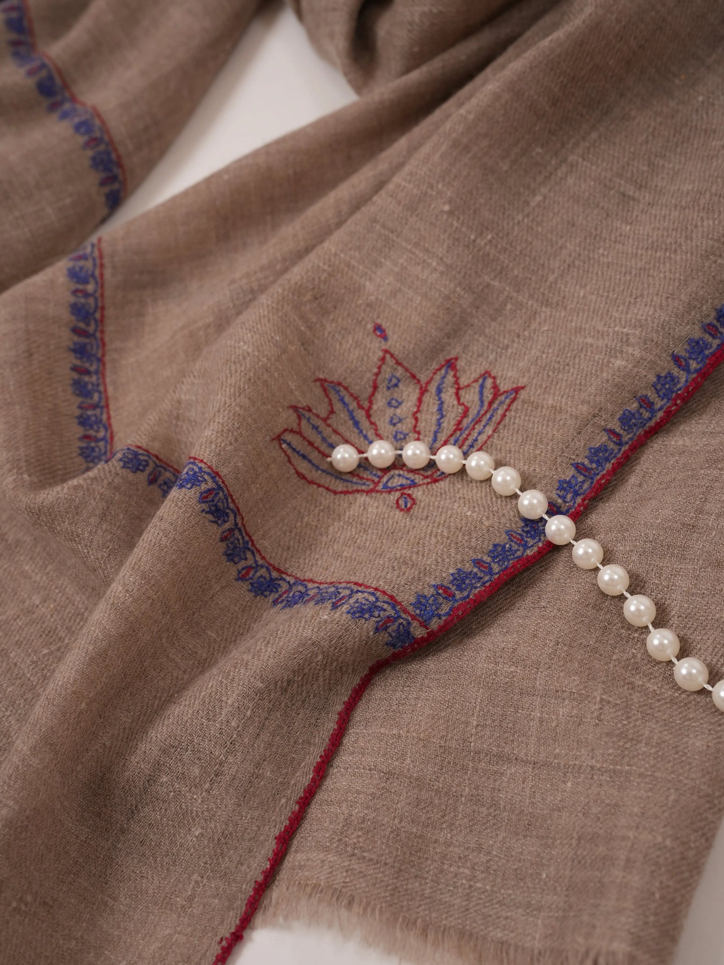 Natural Taupe Featherlight Hand Embroidered Cashmere Scarf Shahkaar.com