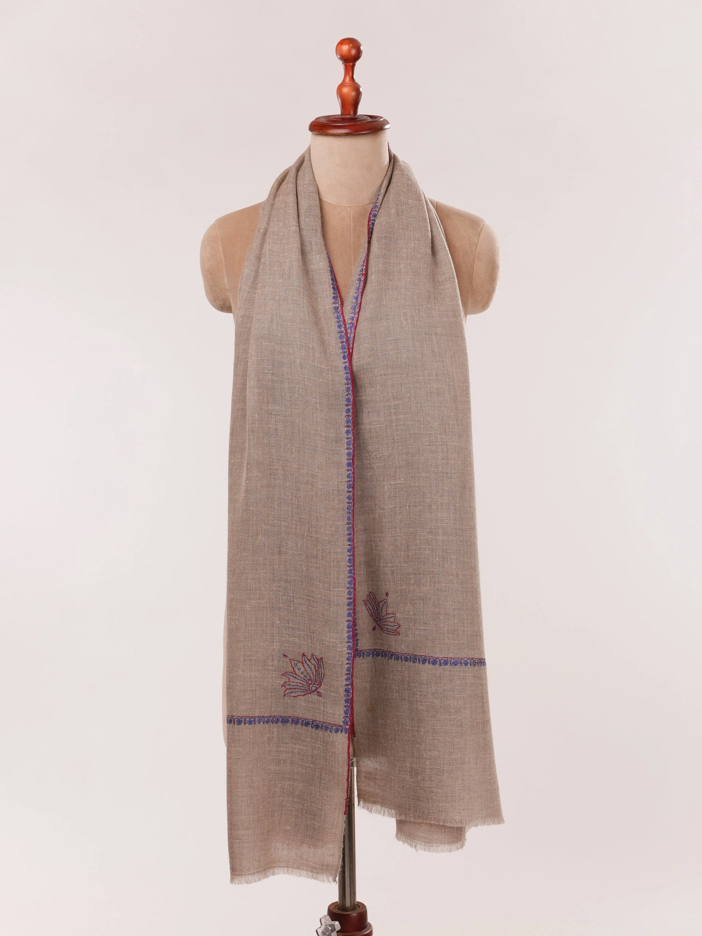 Natural Taupe Featherlight Hand Embroidered Cashmere Scarf Shahkaar.com