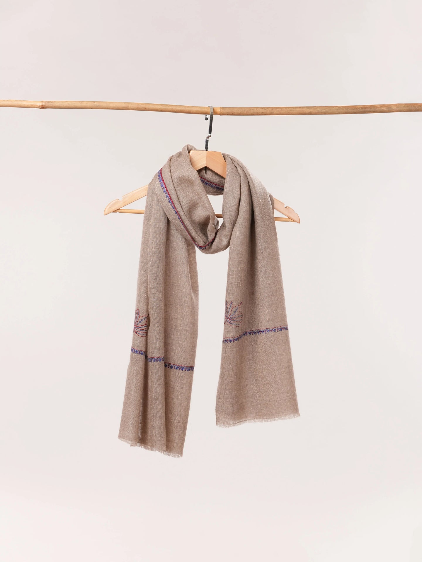 Natural Taupe Featherlight Hand Embroidered Cashmere Scarf Shahkaar.com