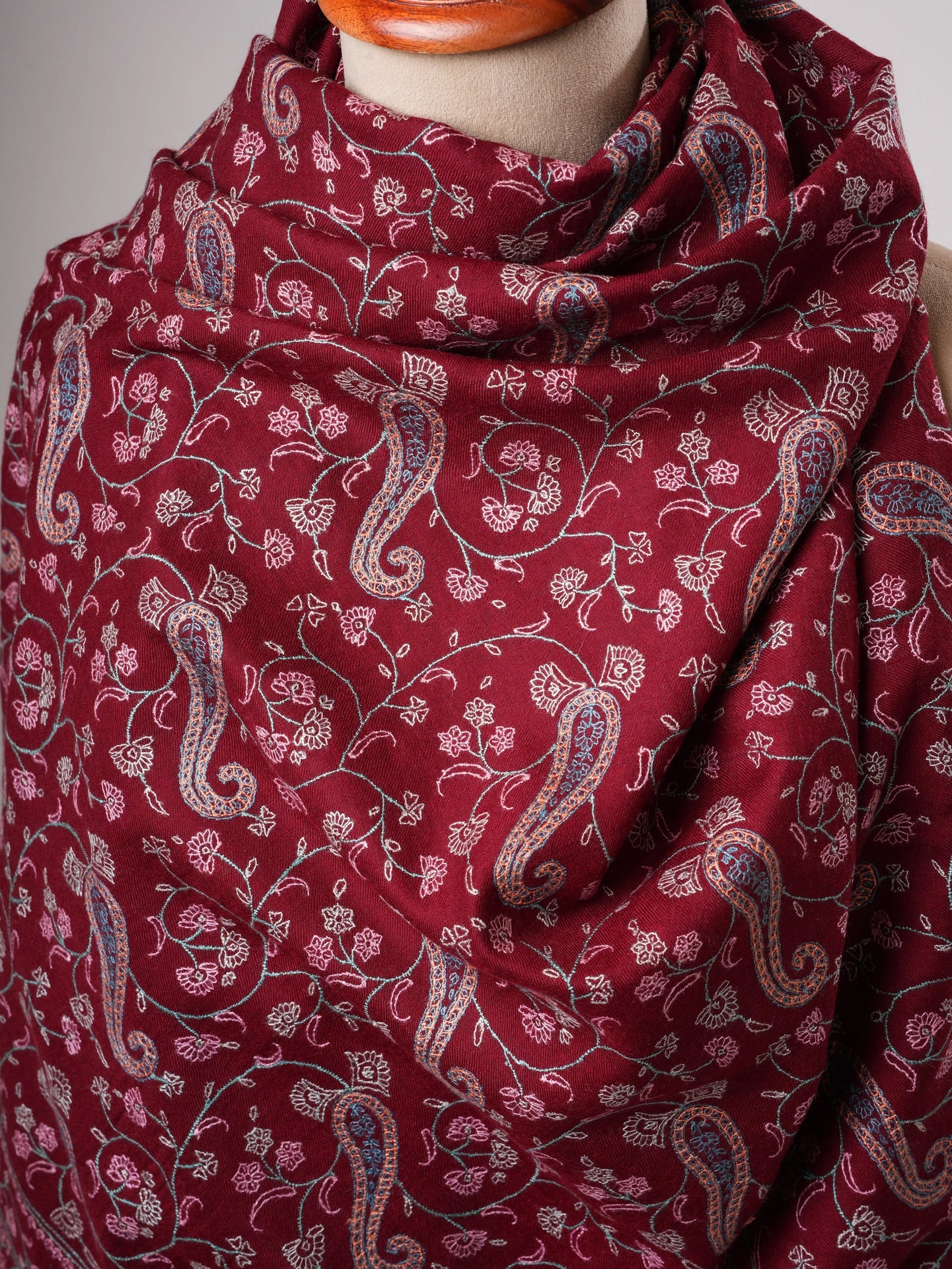 Maroon Kashmiri Pashmina Shawl with Sozni Paisley Embroidery Shahkaar