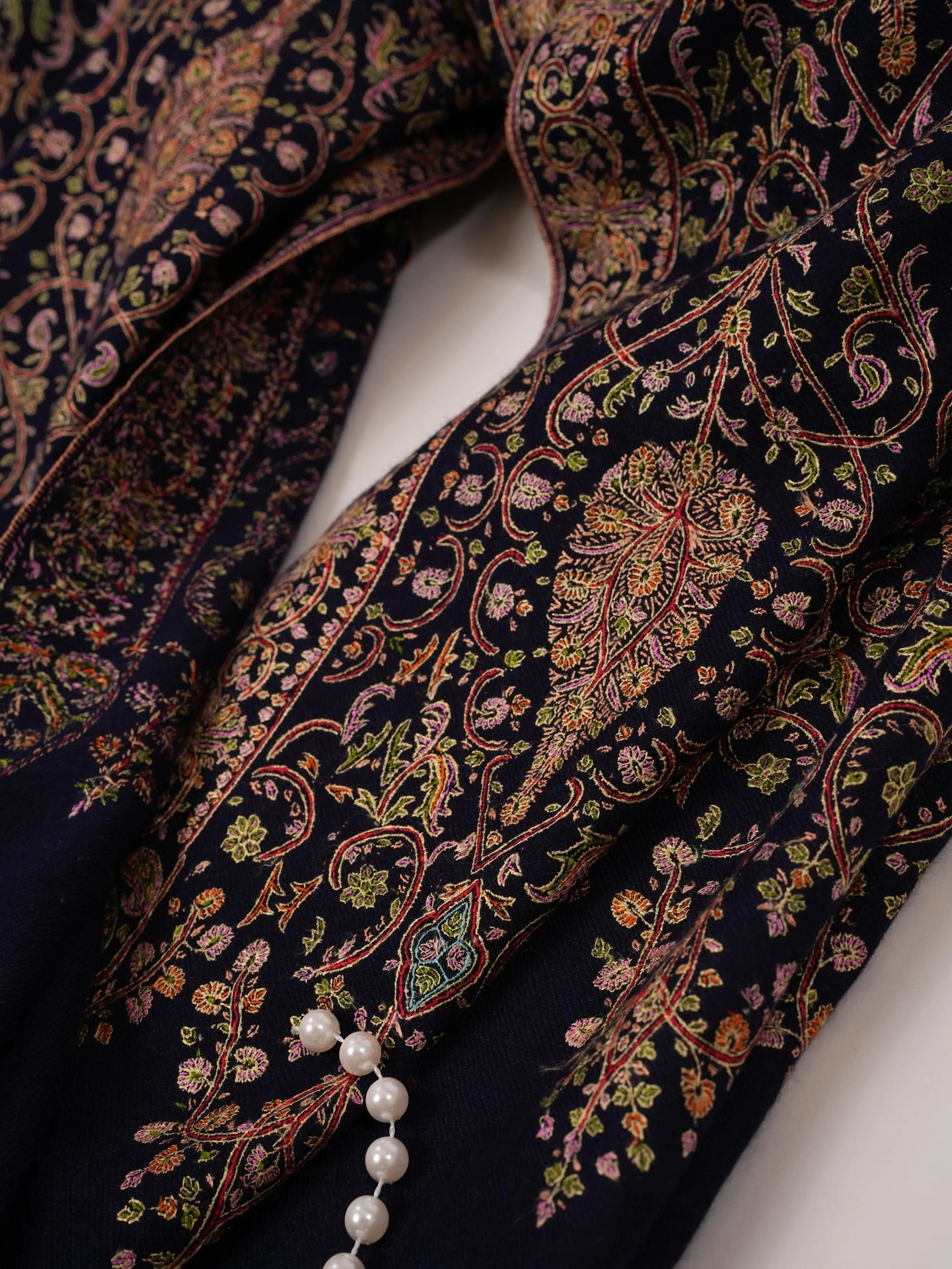 Navy Mulberry Silk Embroidered Handspun Pure Pashmina Jamavar Shawl Shahkaar.com