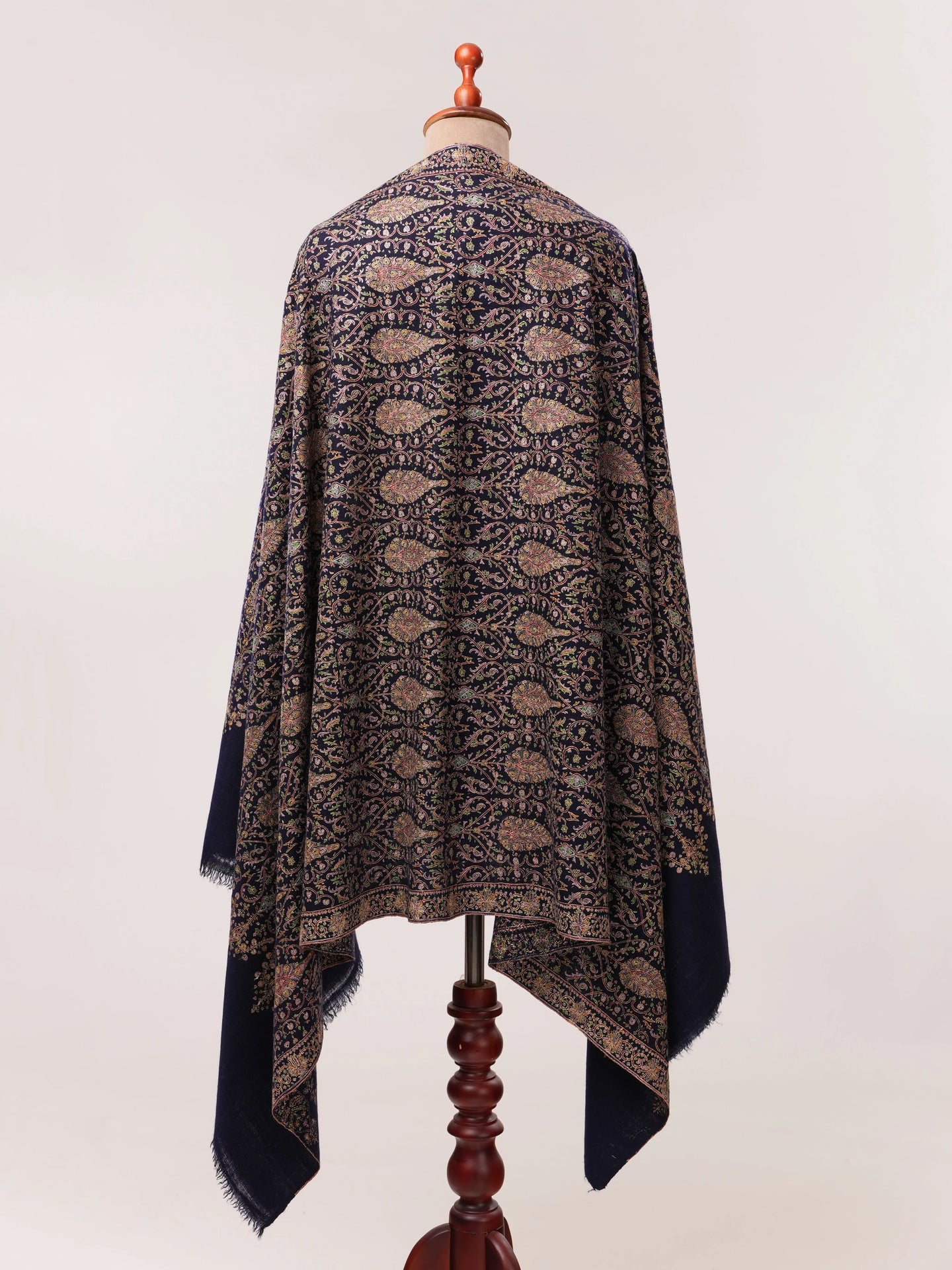 Navy Mulberry Silk Embroidered Handspun Pure Pashmina Jamavar Shawl Shahkaar.com
