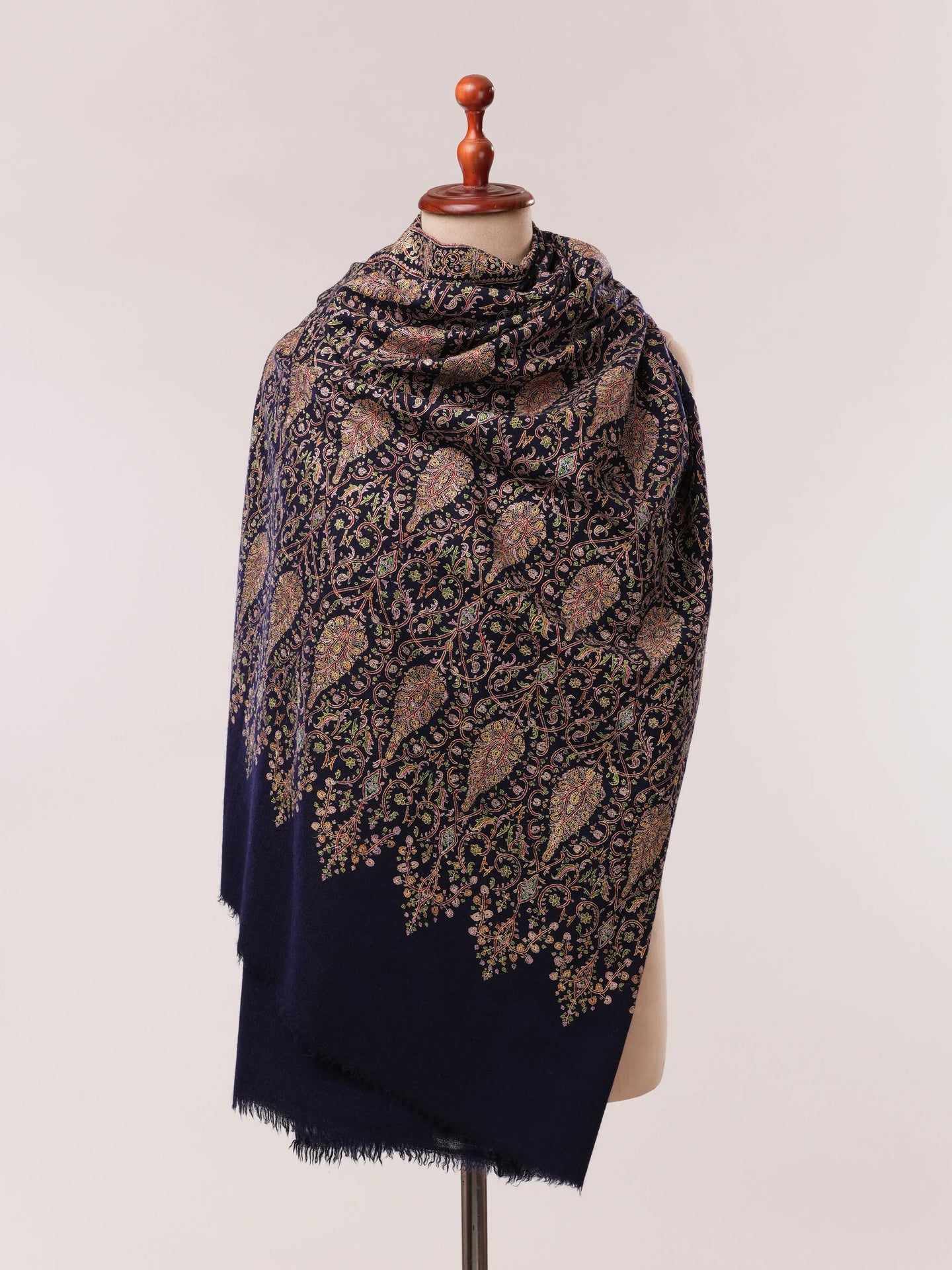 Navy Mulberry Silk Embroidered Handspun Pure Pashmina Jamavar Shawl Shahkaar.com