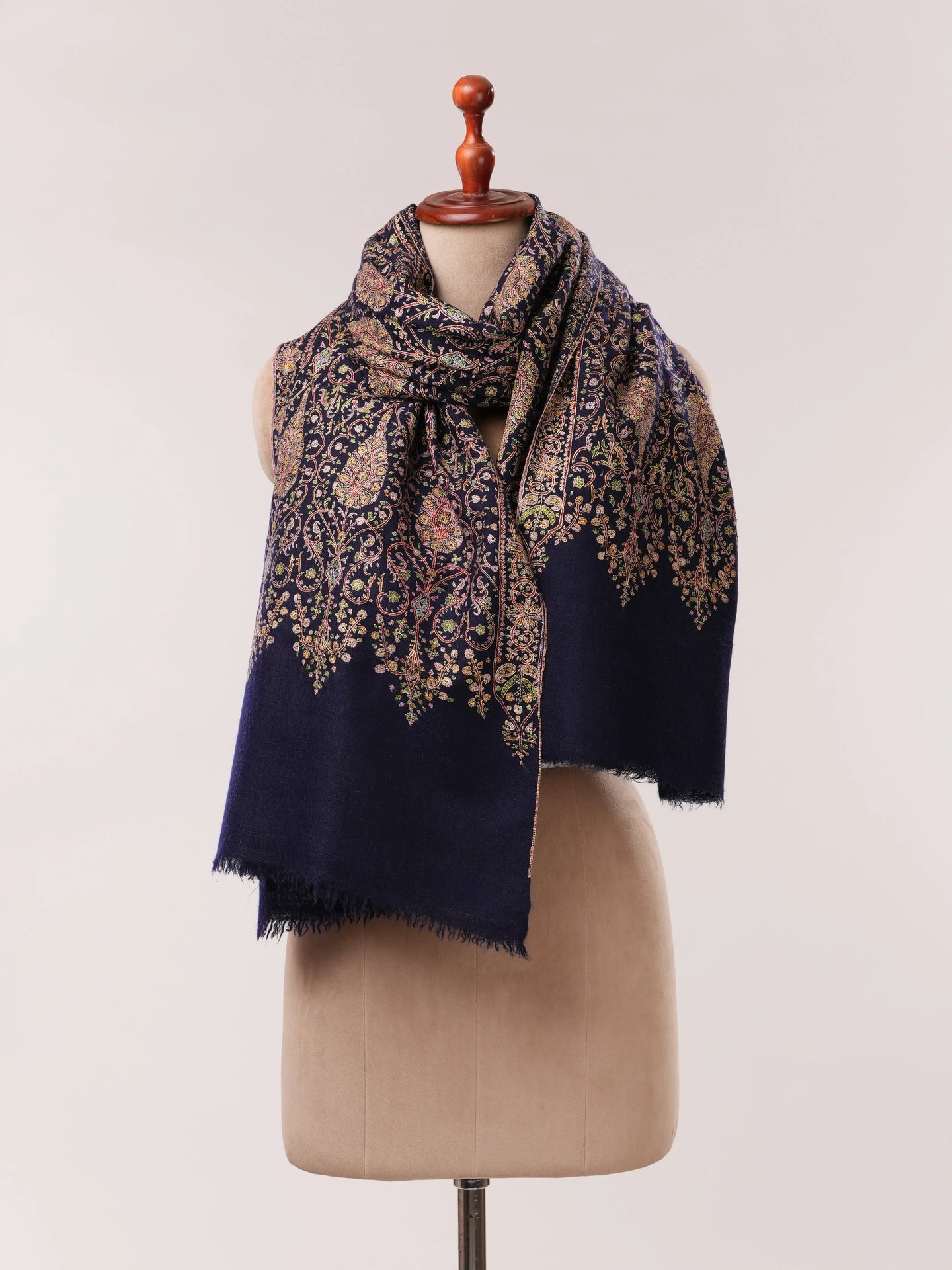 Navy Mulberry Silk Embroidered Handspun Pure Pashmina Jamavar Shawl Shahkaar.com